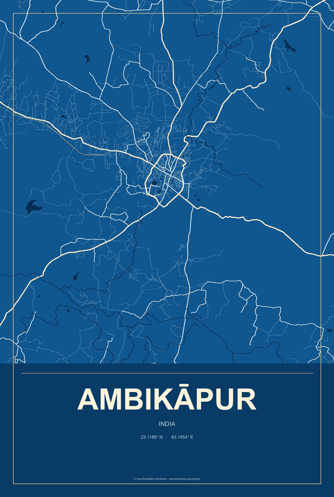 Ambikāpur, India City Map Aluminum Sign in Harbor Cobalt style
