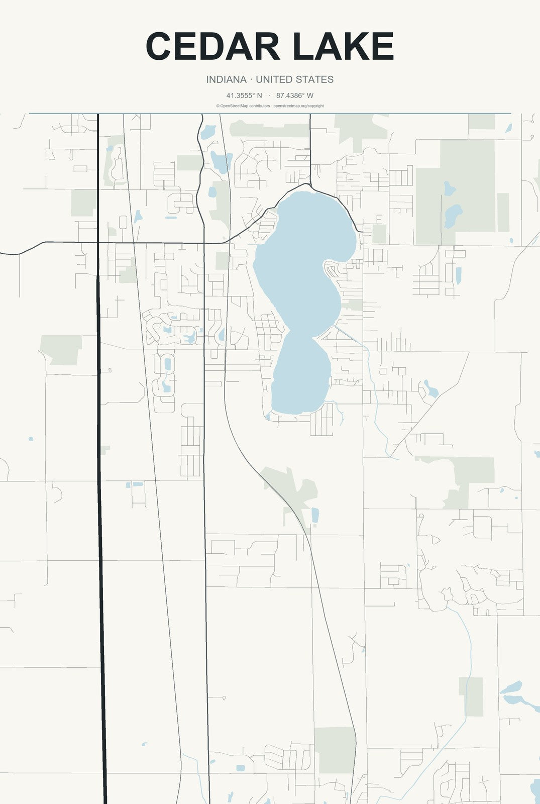 Cedar Lake, Indiana City Map Aluminum Sign in Headline Atlas style