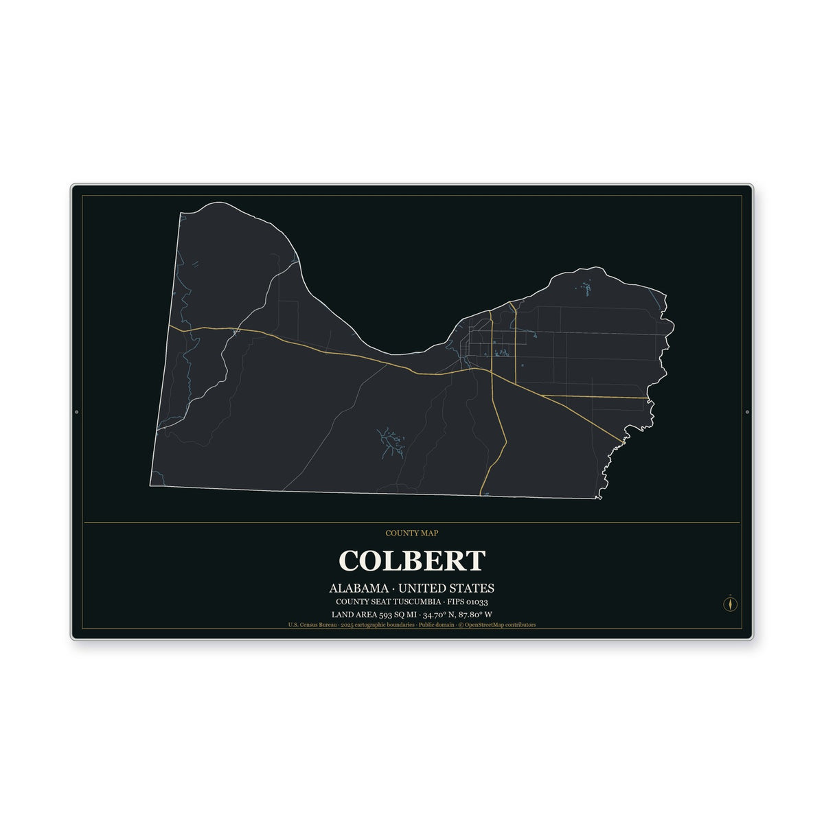 Colbert County, Alabama Map Aluminum Sign in Metropolitan Noir style