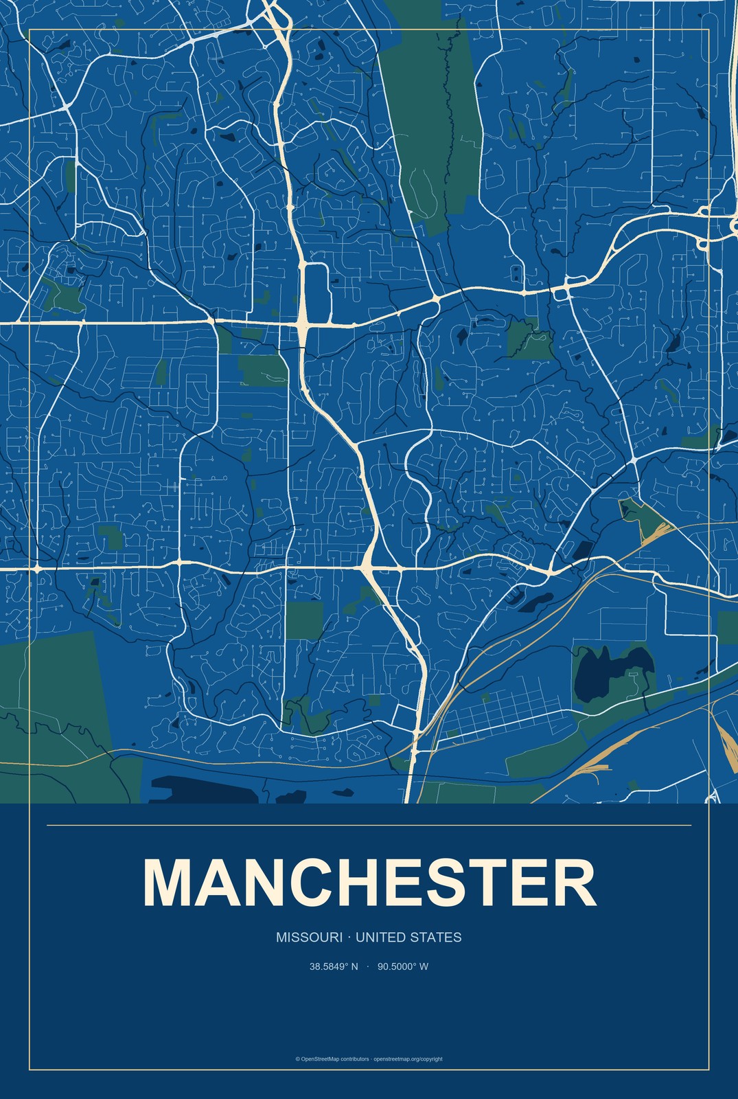 Manchester, Missouri City Map Aluminum Sign in Harbor Cobalt style