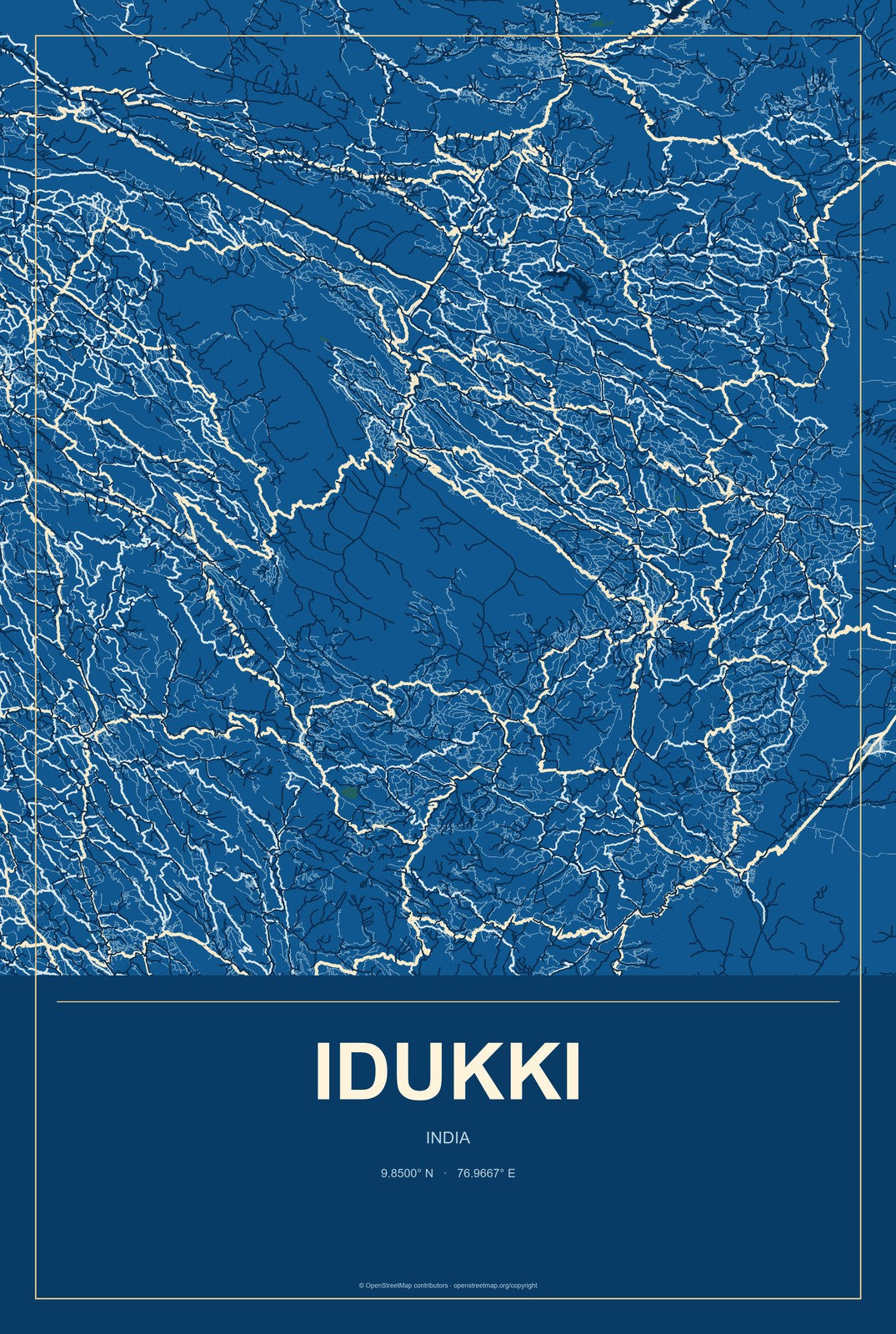 Idukki, India City Map Aluminum Sign in Harbor Cobalt style