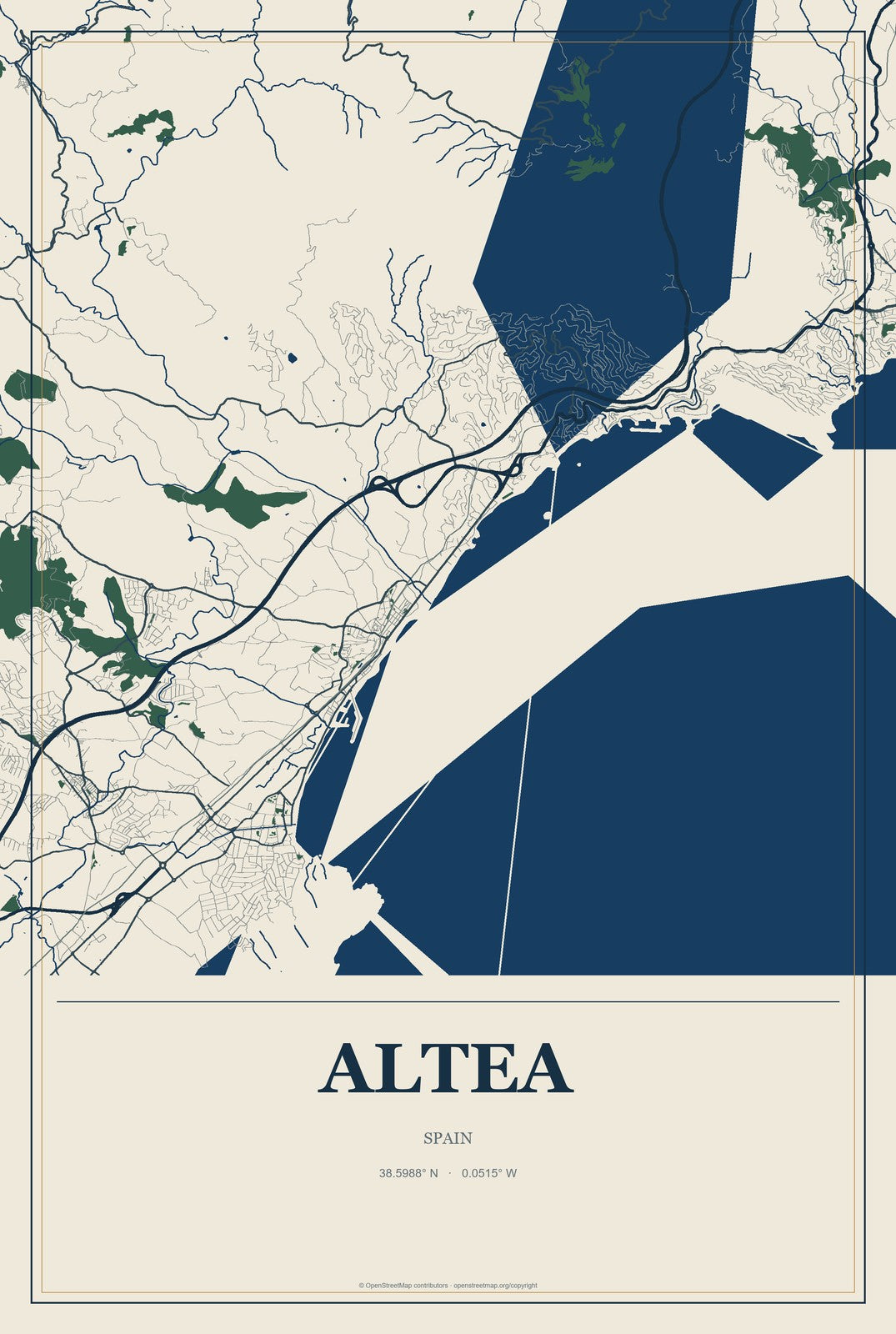 Altea, Spain City Map Aluminum Sign in Coastal Cutout style
