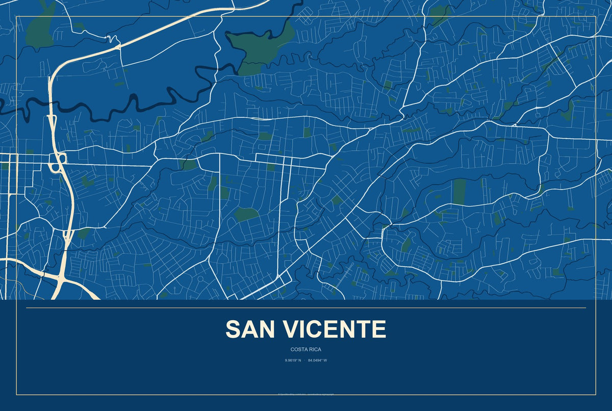 San Vicente, Costa Rica City Map Aluminum Sign in Harbor Cobalt style