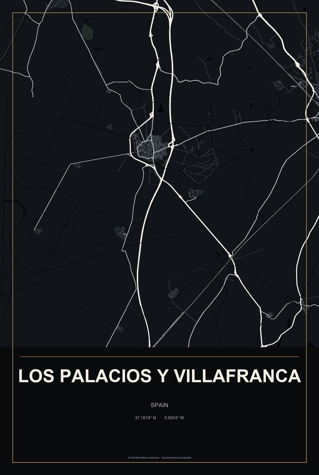 Los Palacios y Villafranca, Spain City Map Aluminum Sign in Metropolitan Noir style