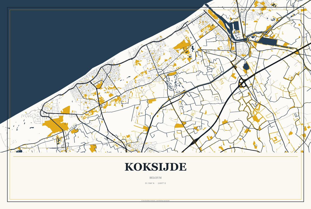 Koksijde, Belgium City Map Aluminum Sign in Citrine Modern style