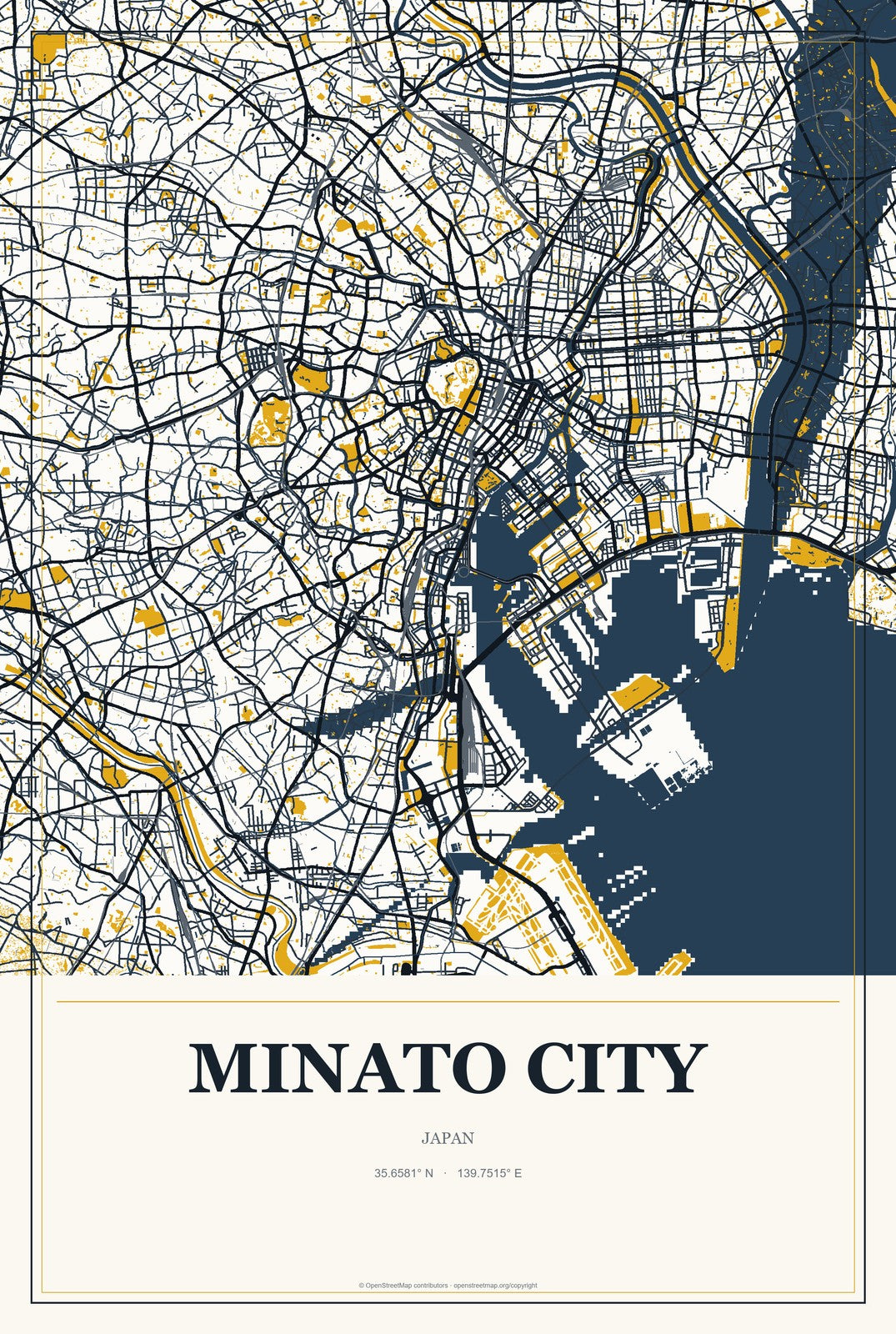 Minato City, Japan City Map Aluminum Sign in Citrine Modern style