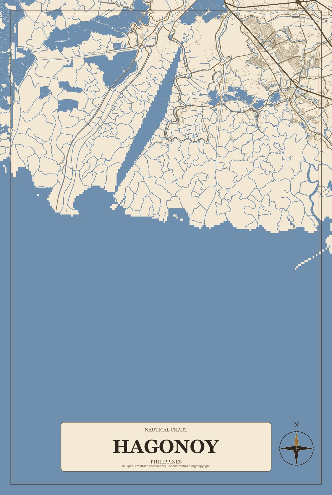 Hagonoy, Philippines City Map Aluminum Sign in Heritage Nautical style
