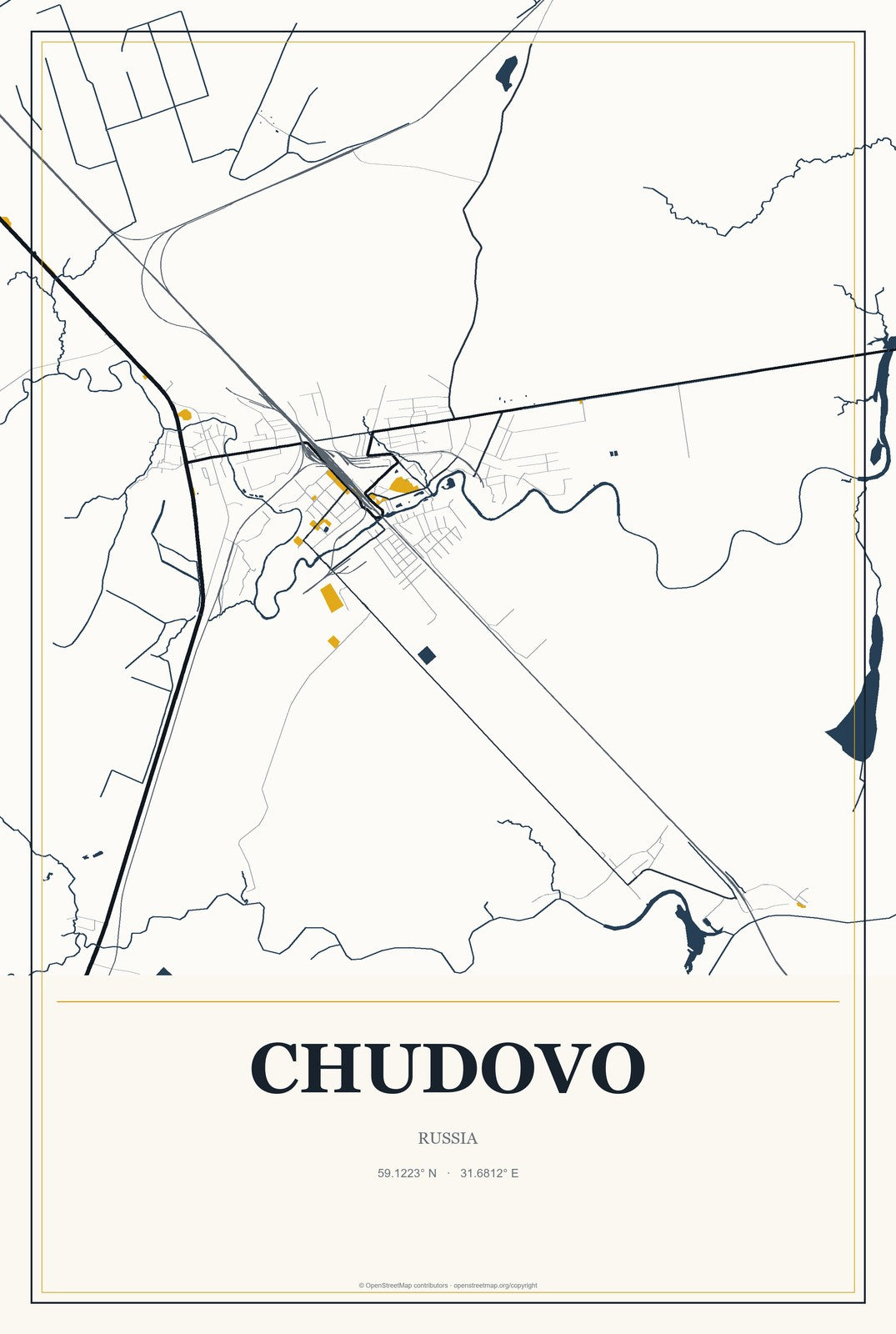Chudovo, Russia City Map Aluminum Sign in Citrine Modern style