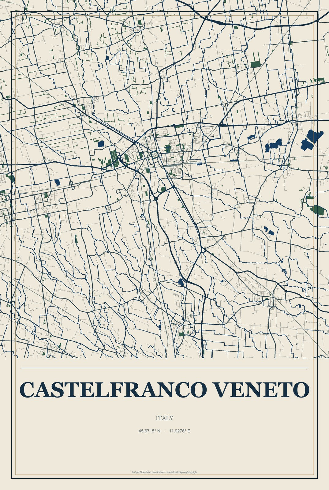 Castelfranco Veneto, Italy City Map Aluminum Sign in Coastal Cutout style