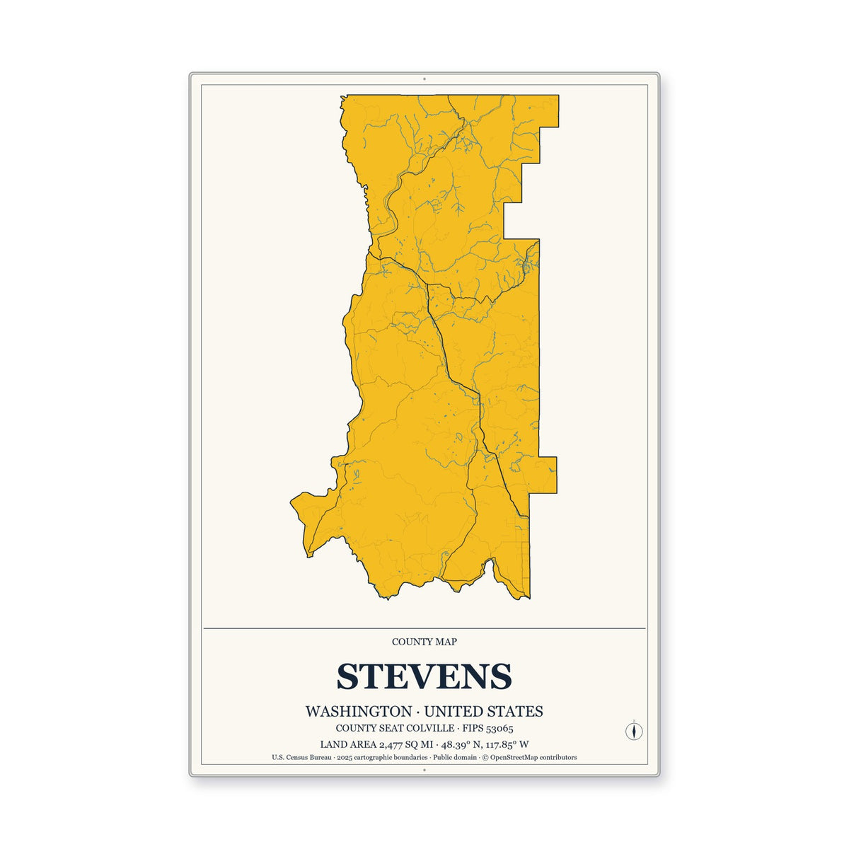 Stevens County, Washington Map Aluminum Sign in Citrine Modern style