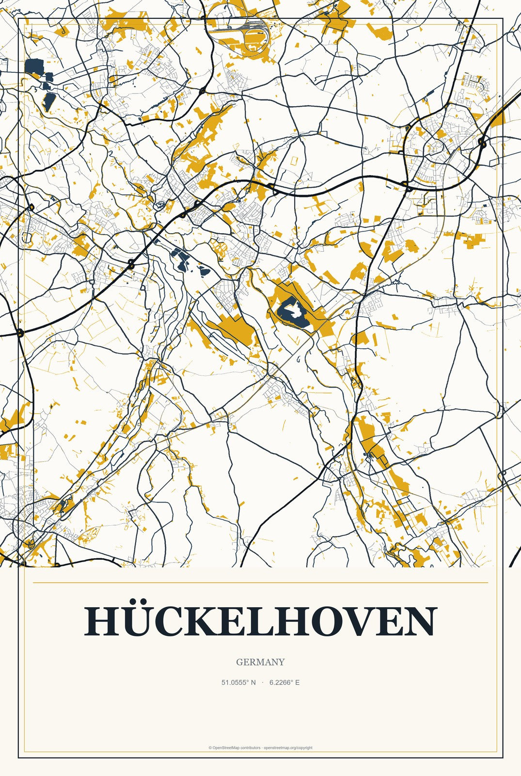 Hückelhoven, Germany City Map Aluminum Sign in Citrine Modern style