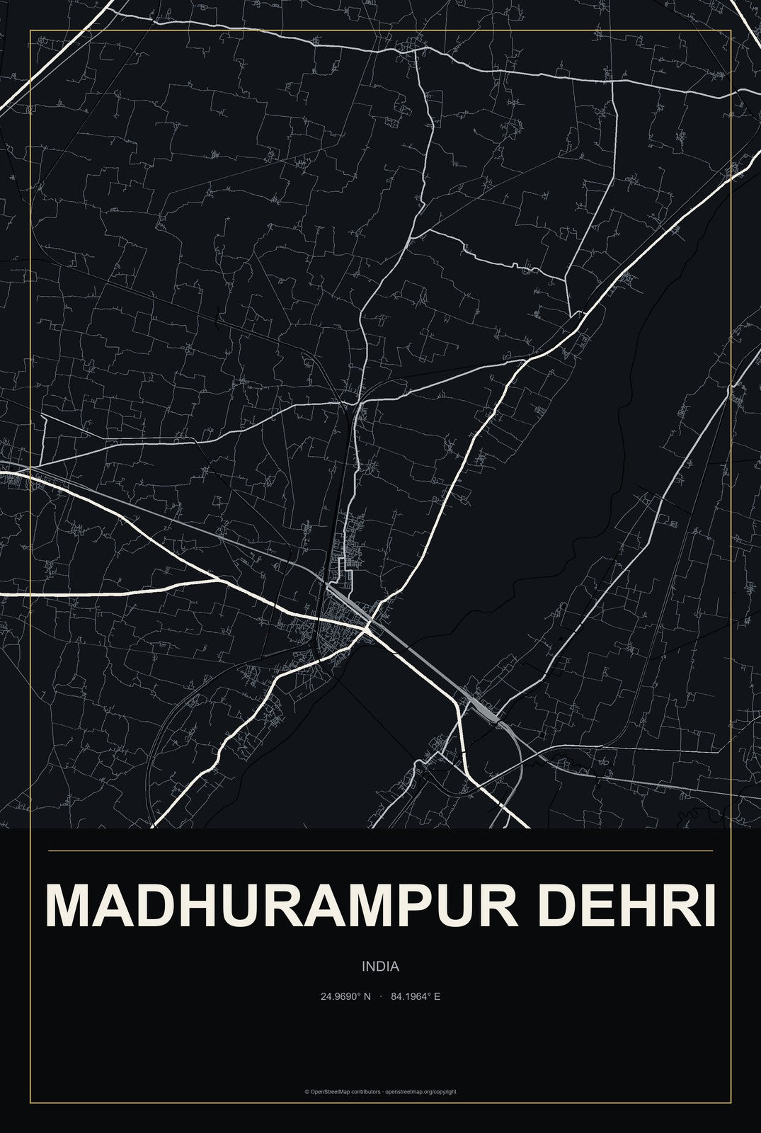 Madhurampur Dehri, India City Map Aluminum Sign in Metropolitan Noir style