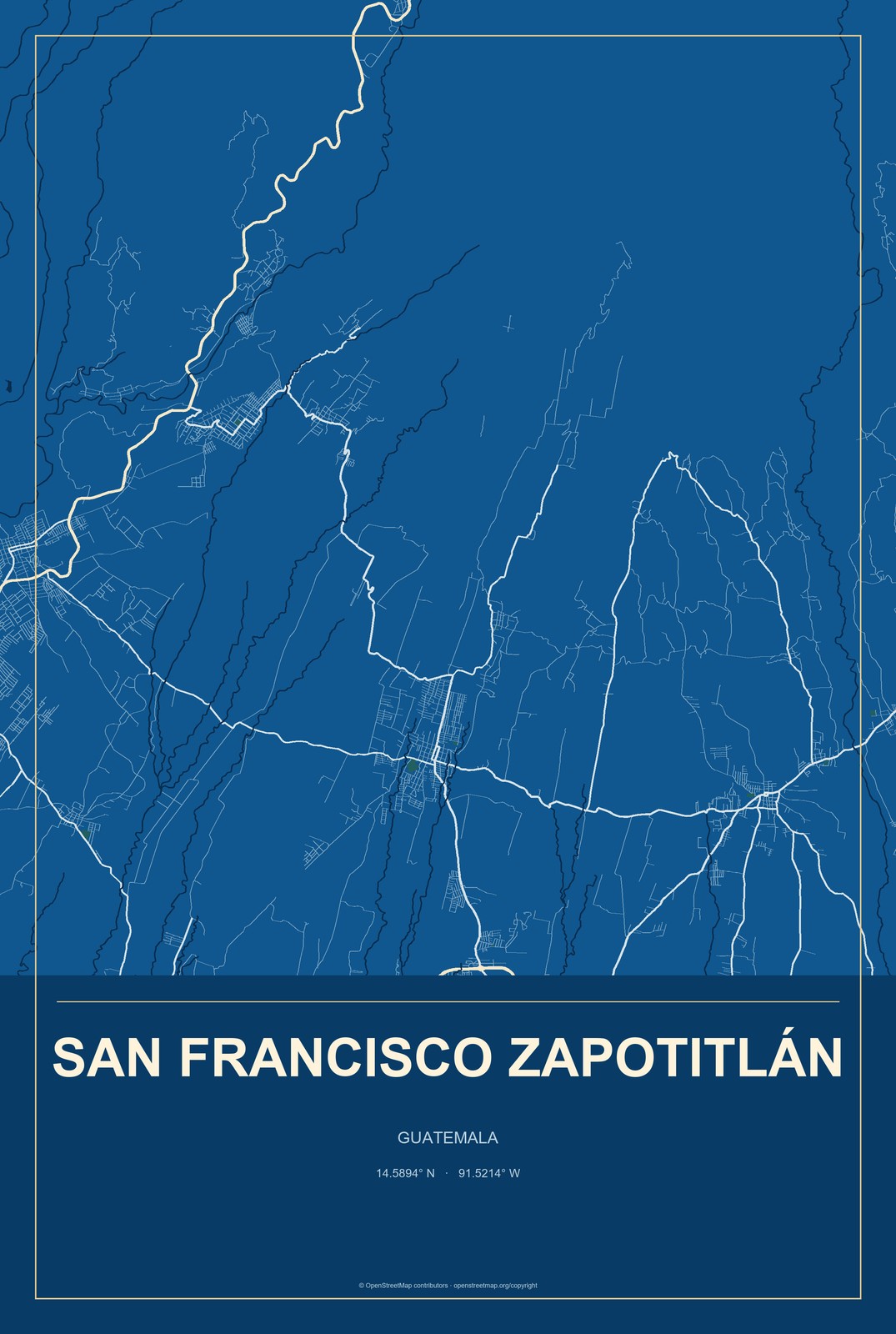 San Francisco Zapotitlán, Guatemala City Map Aluminum Sign in Harbor Cobalt style