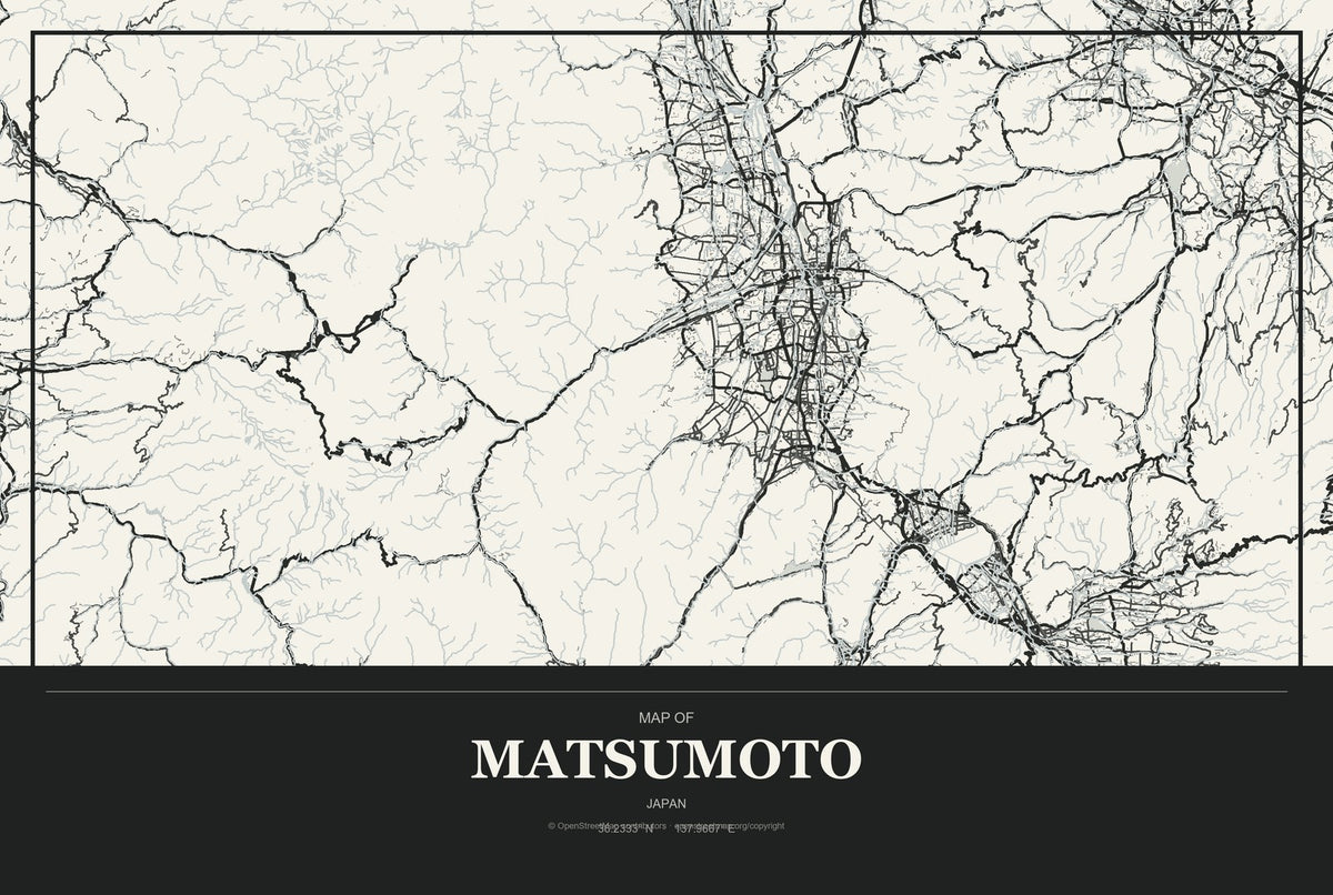 Matsumoto, Japan City Map Aluminum Sign in Museum Plaque style