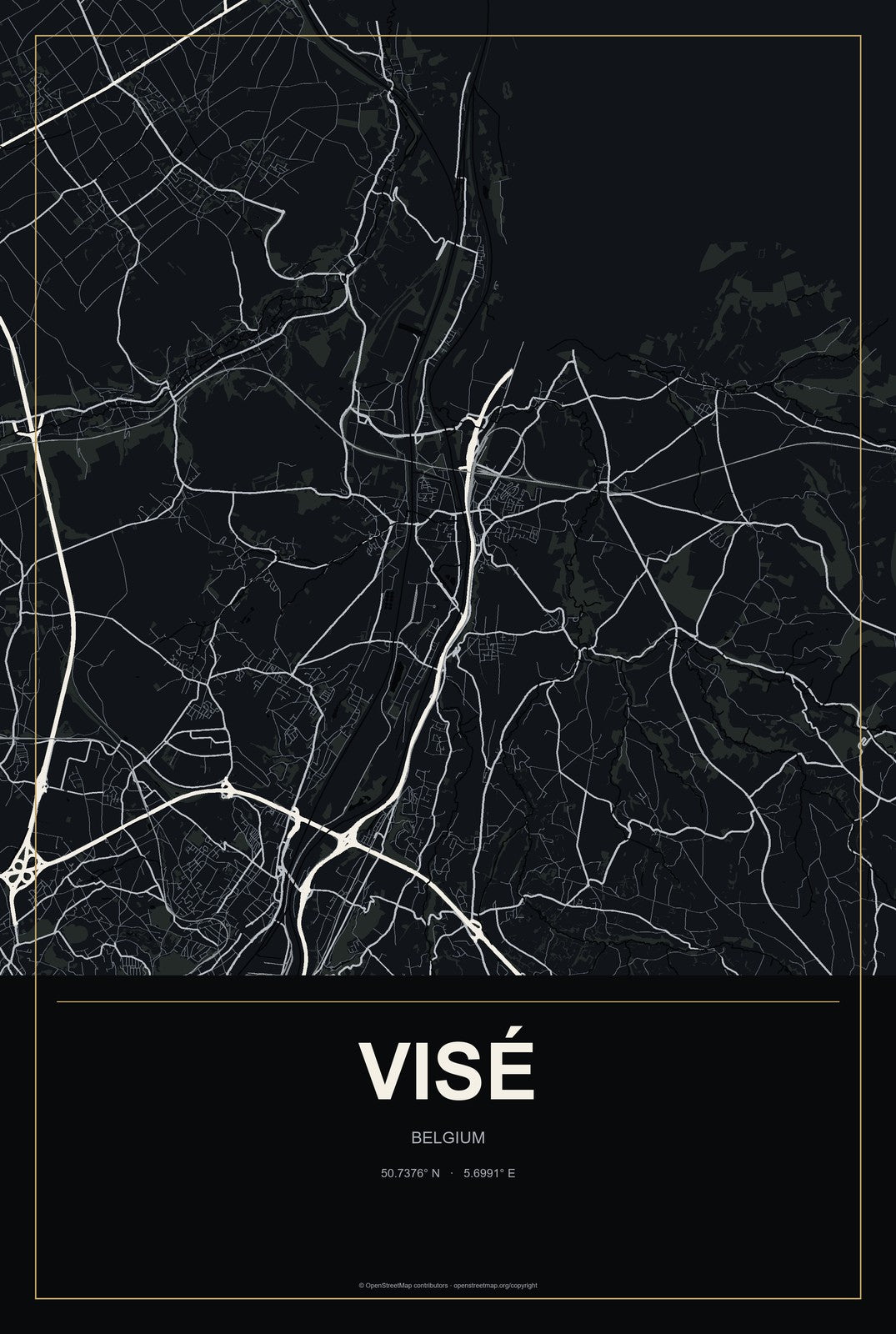 Visé, Belgium City Map Aluminum Sign in Metropolitan Noir style