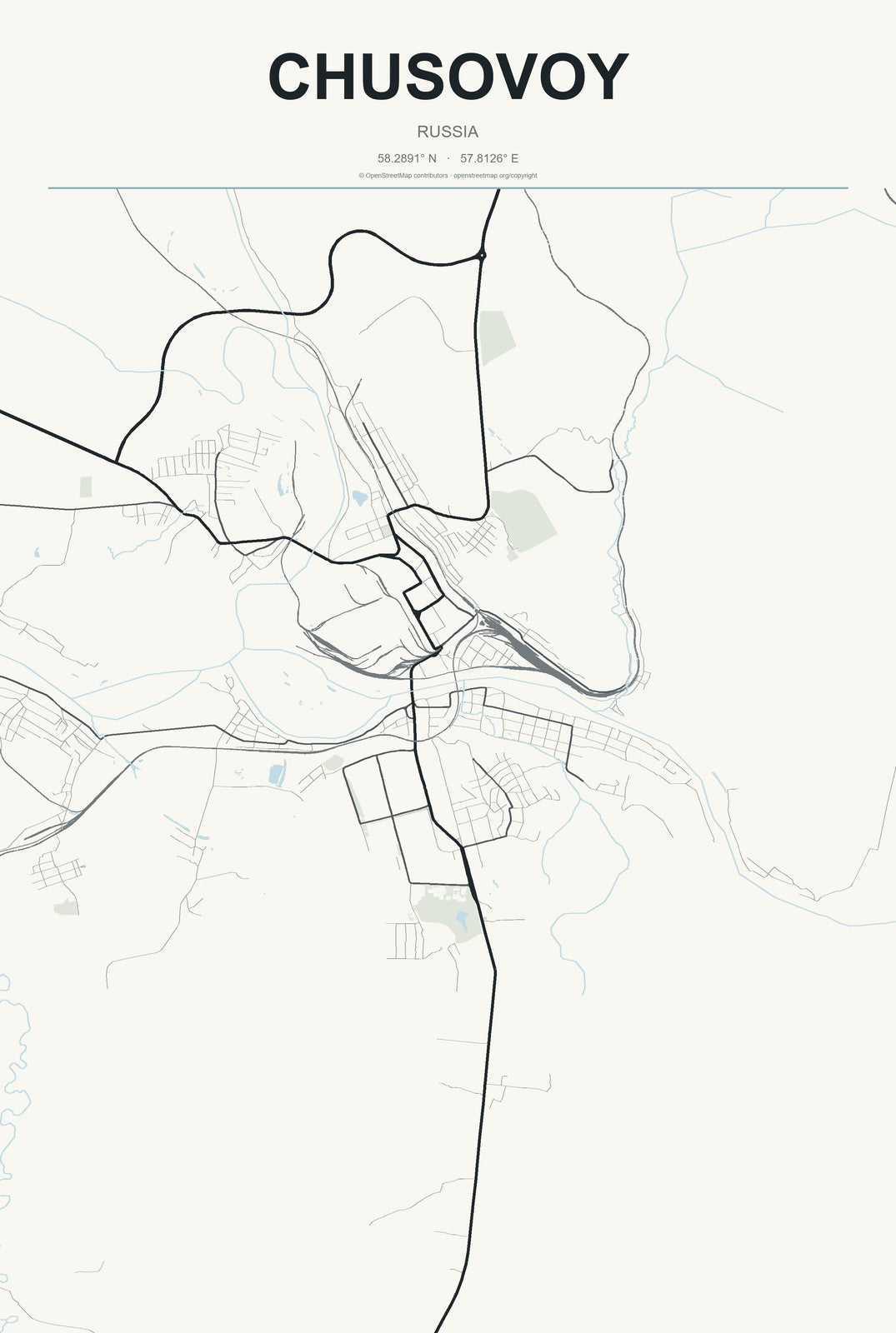Chusovoy, Russia City Map Aluminum Sign in Headline Atlas style