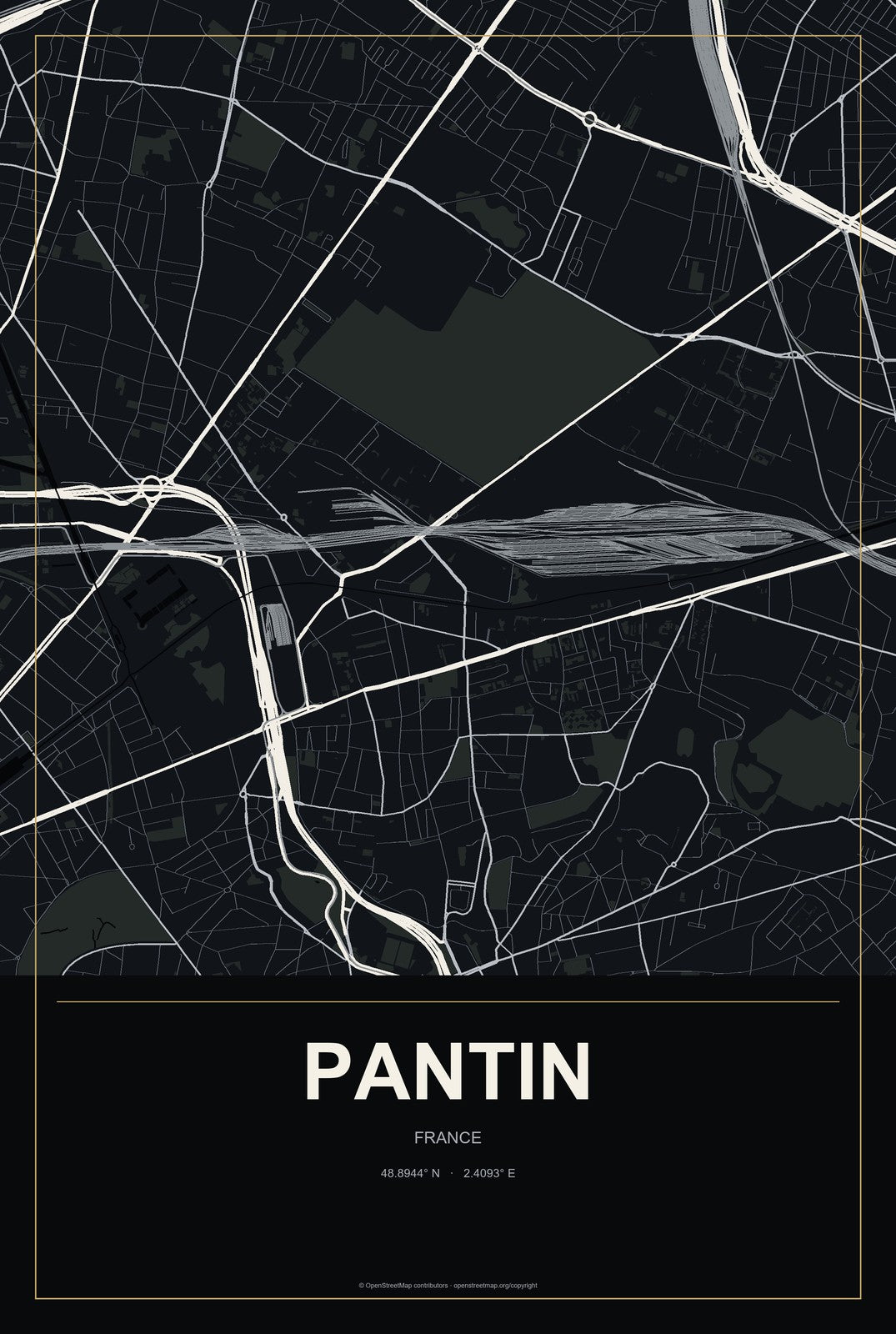 Pantin, France City Map Aluminum Sign in Metropolitan Noir style