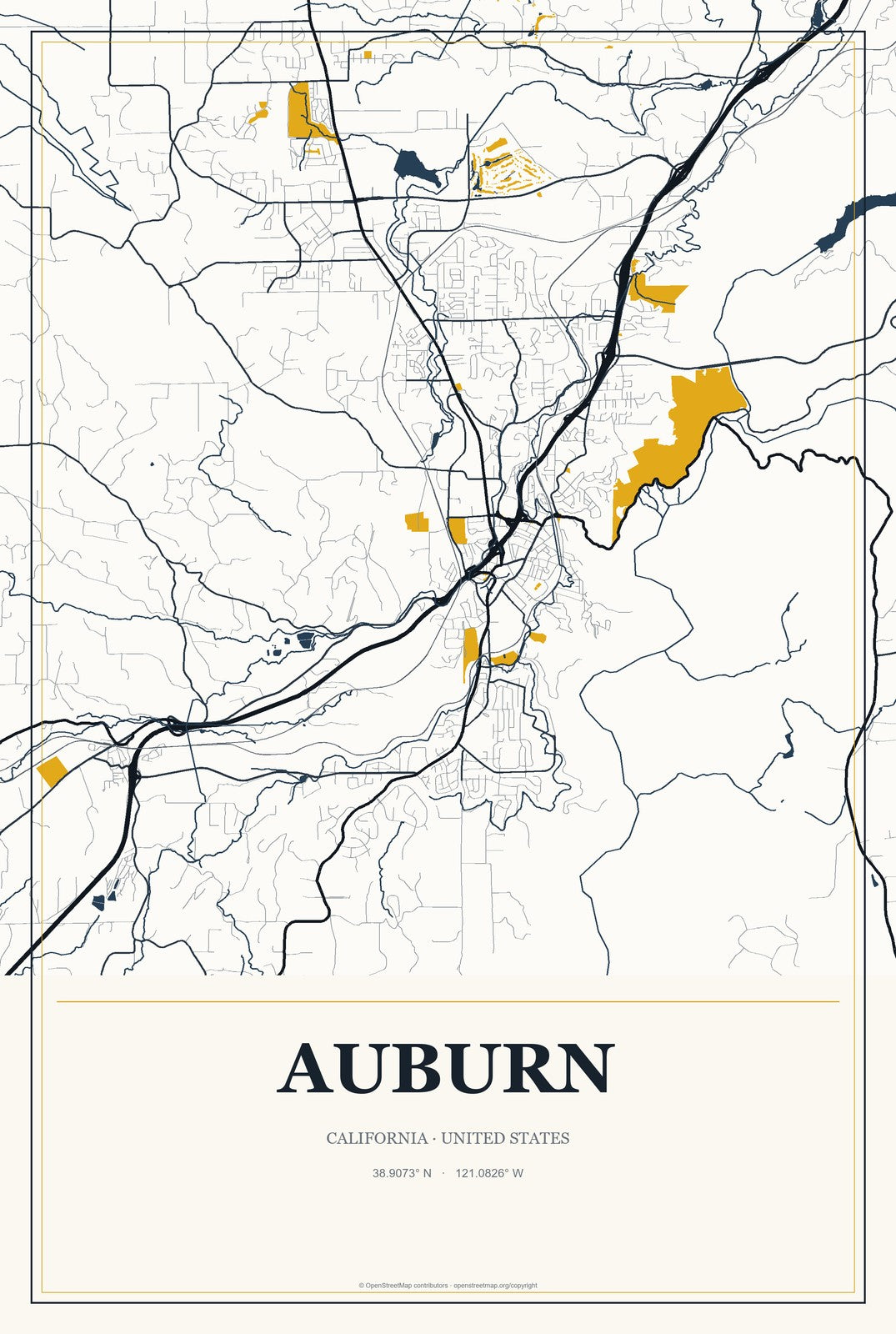 Auburn, California City Map Aluminum Sign in Citrine Modern style