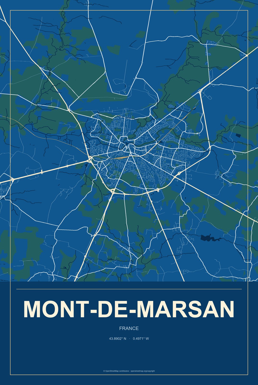 Mont-de-Marsan, France City Map Aluminum Sign in Harbor Cobalt style