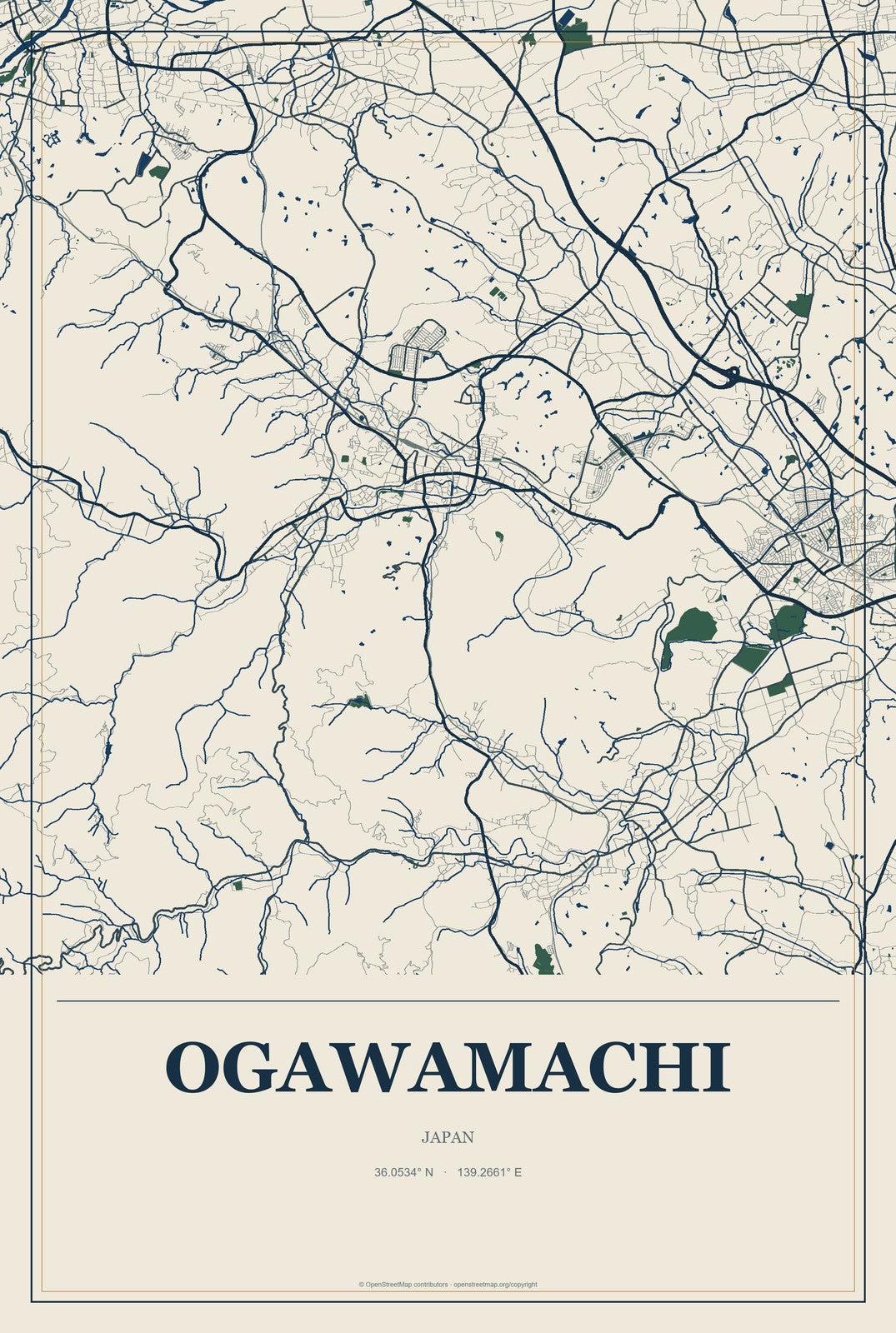Ogawamachi, Japan City Map Aluminum Sign in Coastal Cutout style