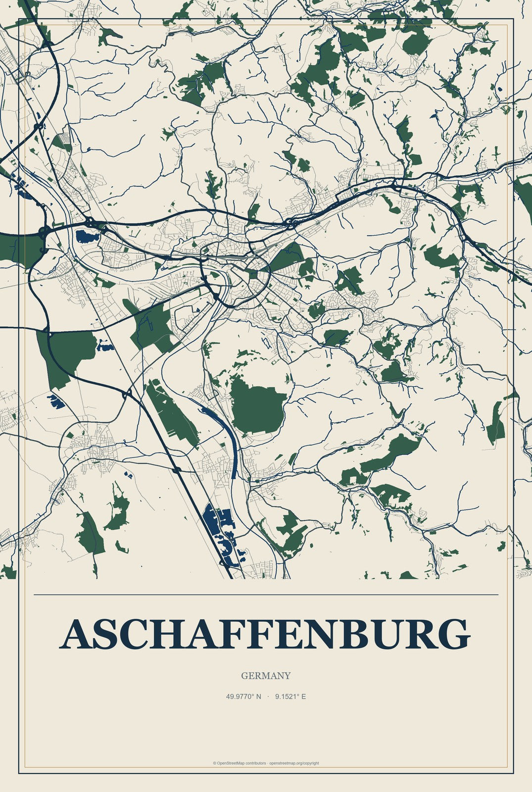 Aschaffenburg, Germany City Map Aluminum Sign in Coastal Cutout style