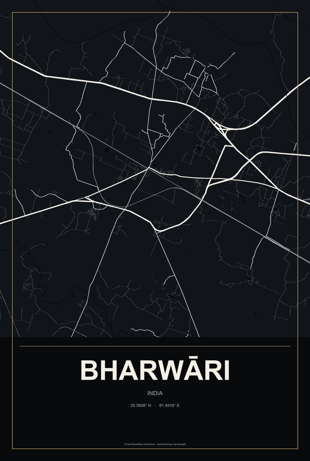 Bharwāri, India City Map Aluminum Sign in Metropolitan Noir style