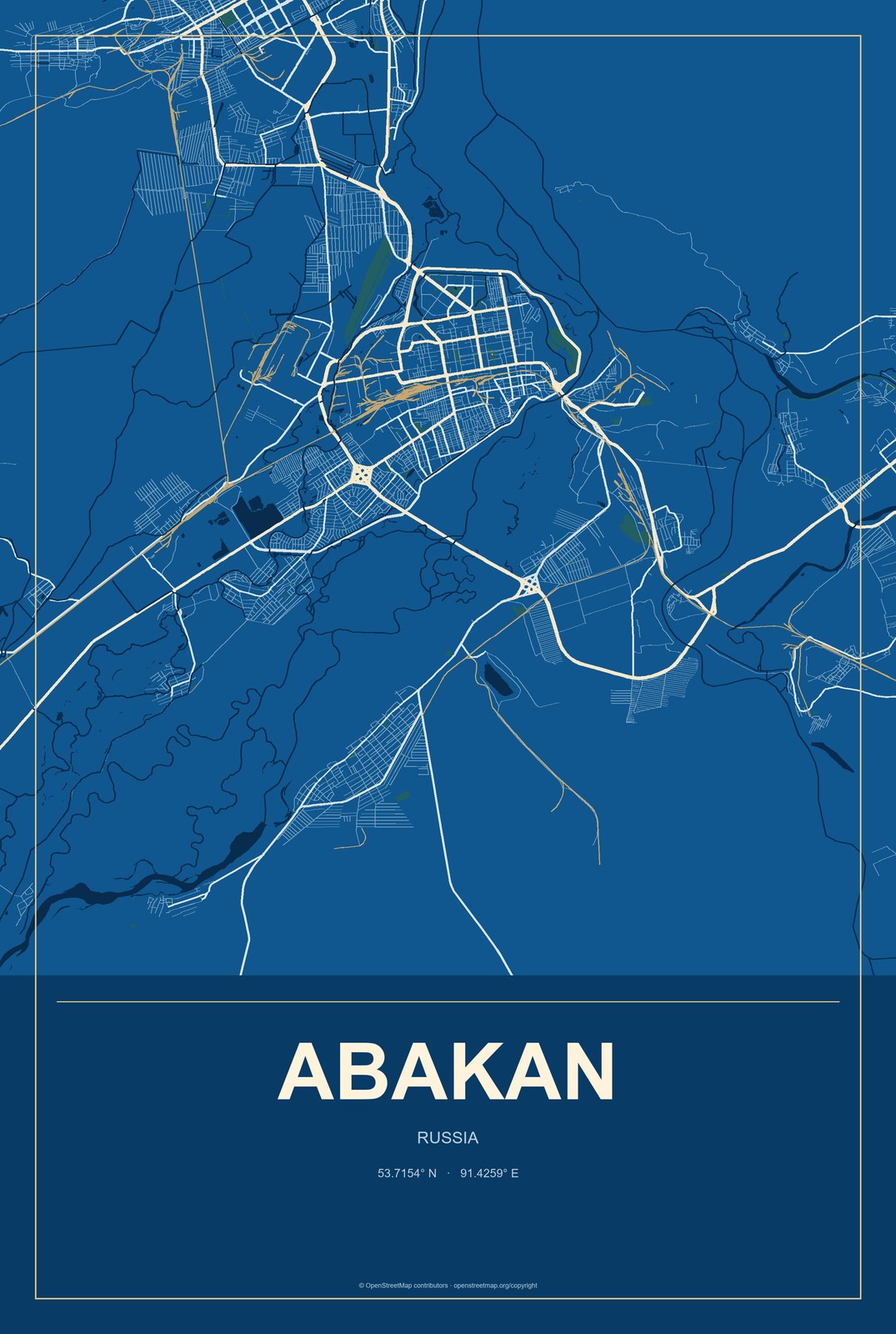 Abakan, Russia City Map Aluminum Sign in Harbor Cobalt style
