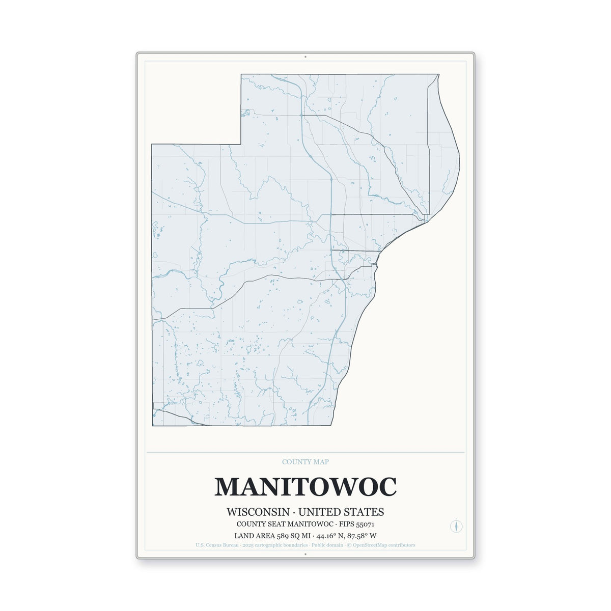 Manitowoc County, Wisconsin Map Aluminum Sign in Gallery Air style