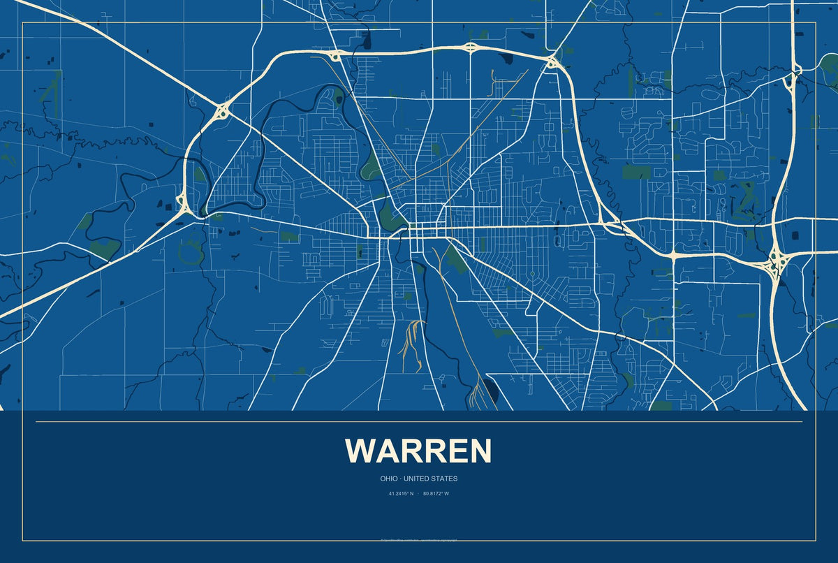 Warren, Ohio City Map Aluminum Sign in Harbor Cobalt style