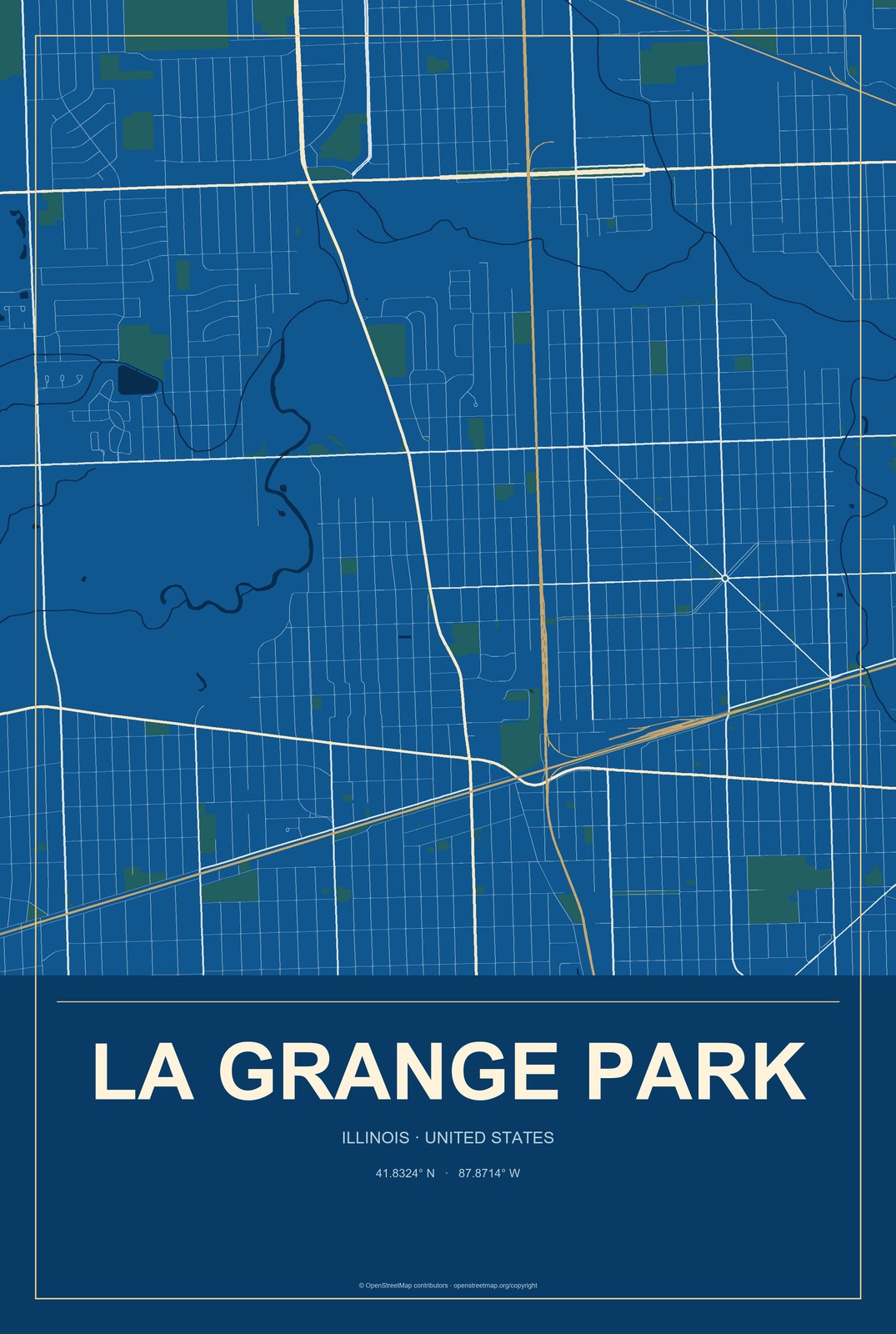 La Grange Park, Illinois City Map Aluminum Sign in Harbor Cobalt style