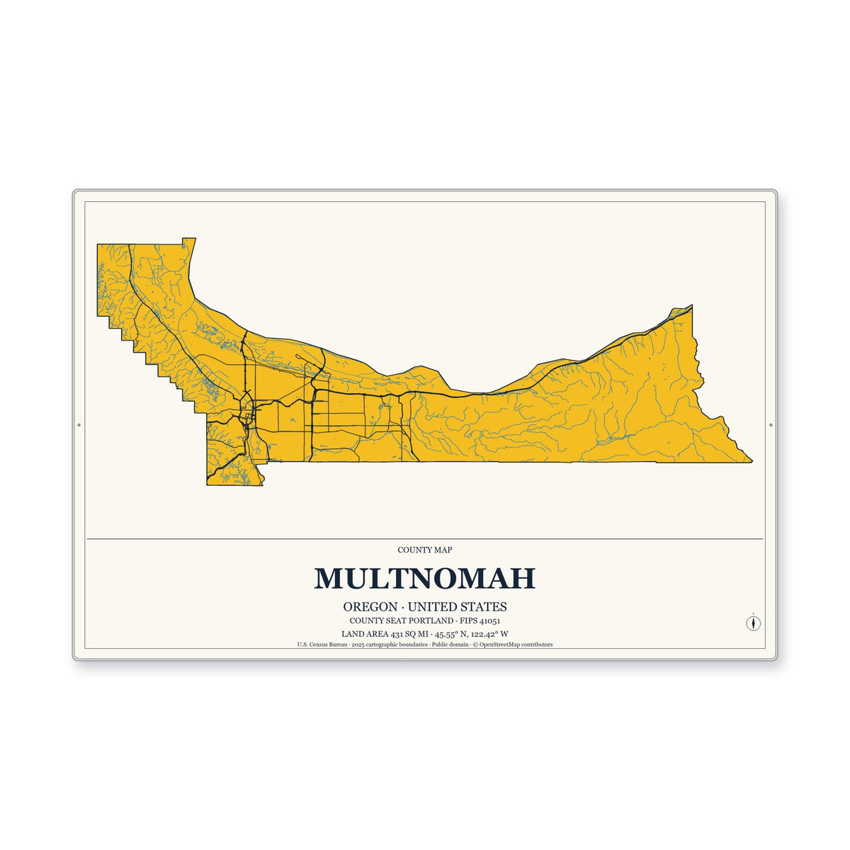 Multnomah County, Oregon Map Aluminum Sign in Citrine Modern style