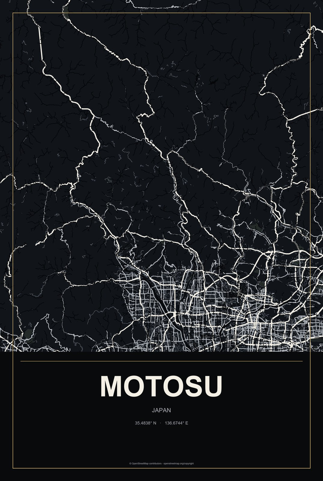 Motosu, Japan City Map Aluminum Sign in Metropolitan Noir style