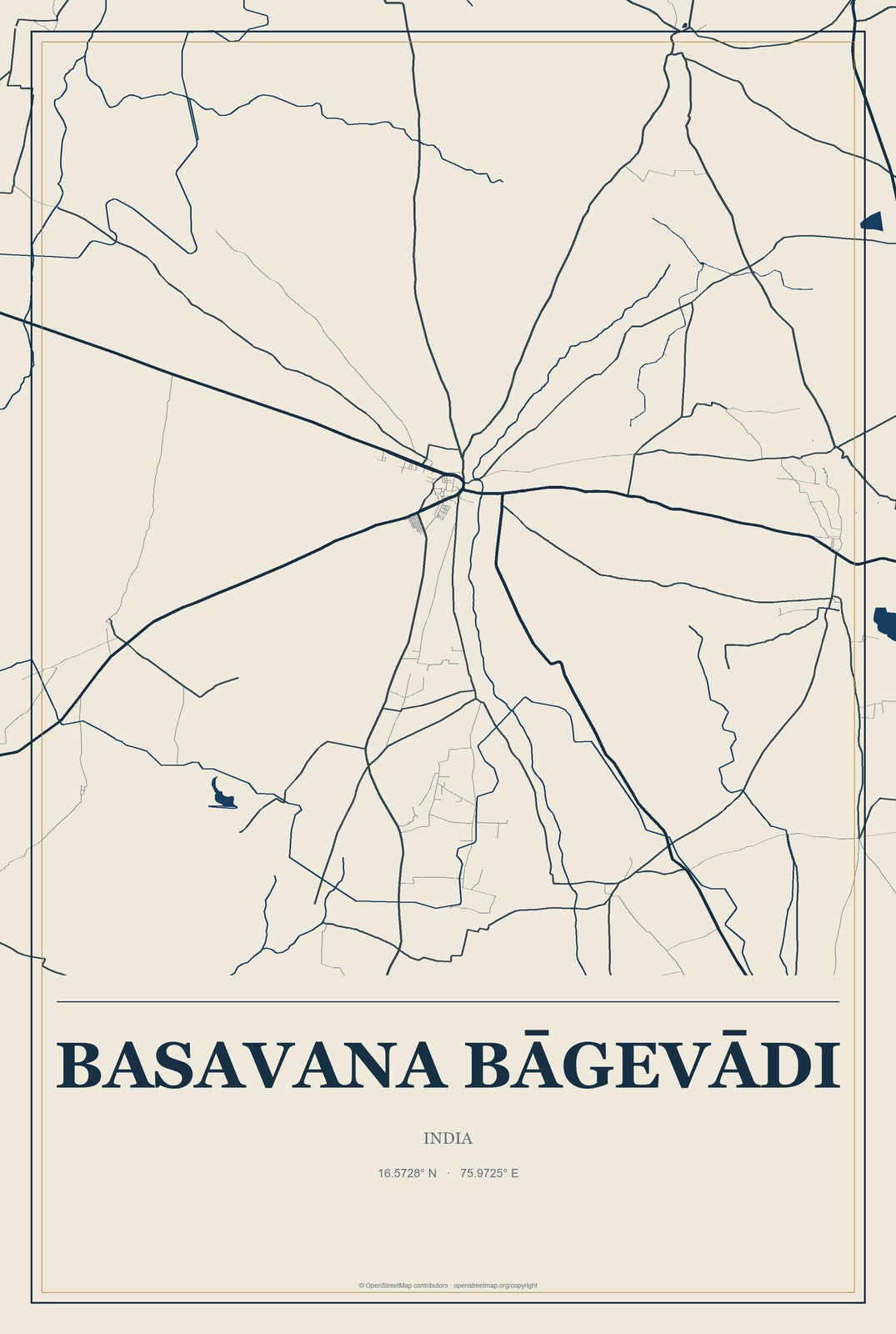 Basavana Bāgevādi, India City Map Aluminum Sign in Coastal Cutout style