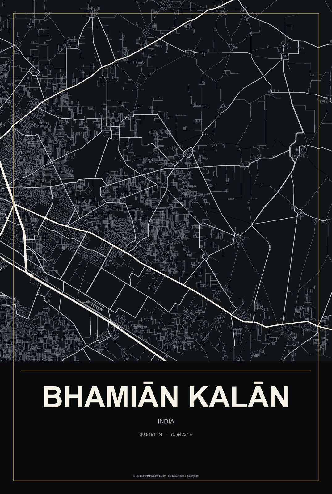 Bhamiān Kalān, India City Map Aluminum Sign in Metropolitan Noir style