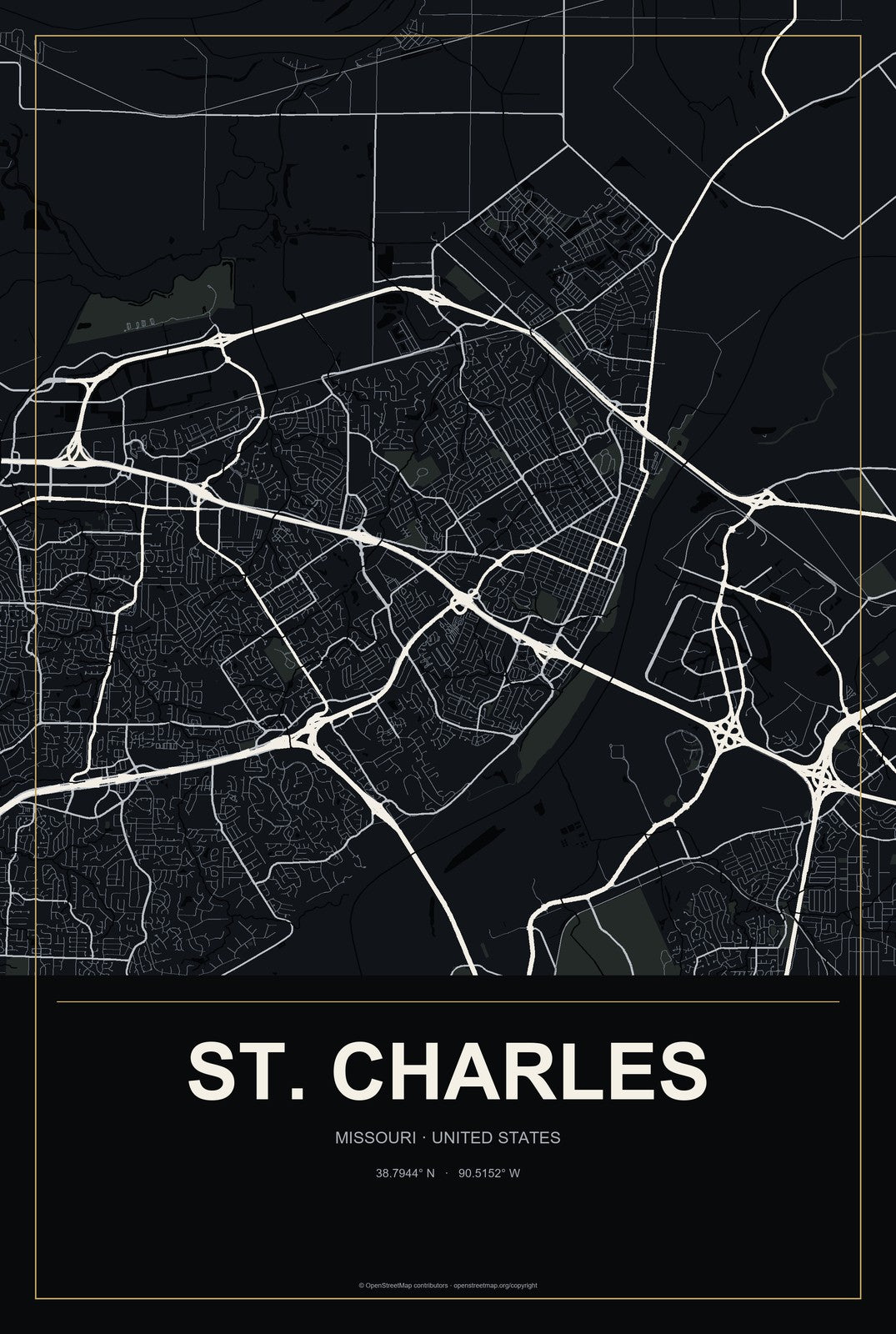 St. Charles, Missouri City Map Aluminum Sign in Metropolitan Noir style
