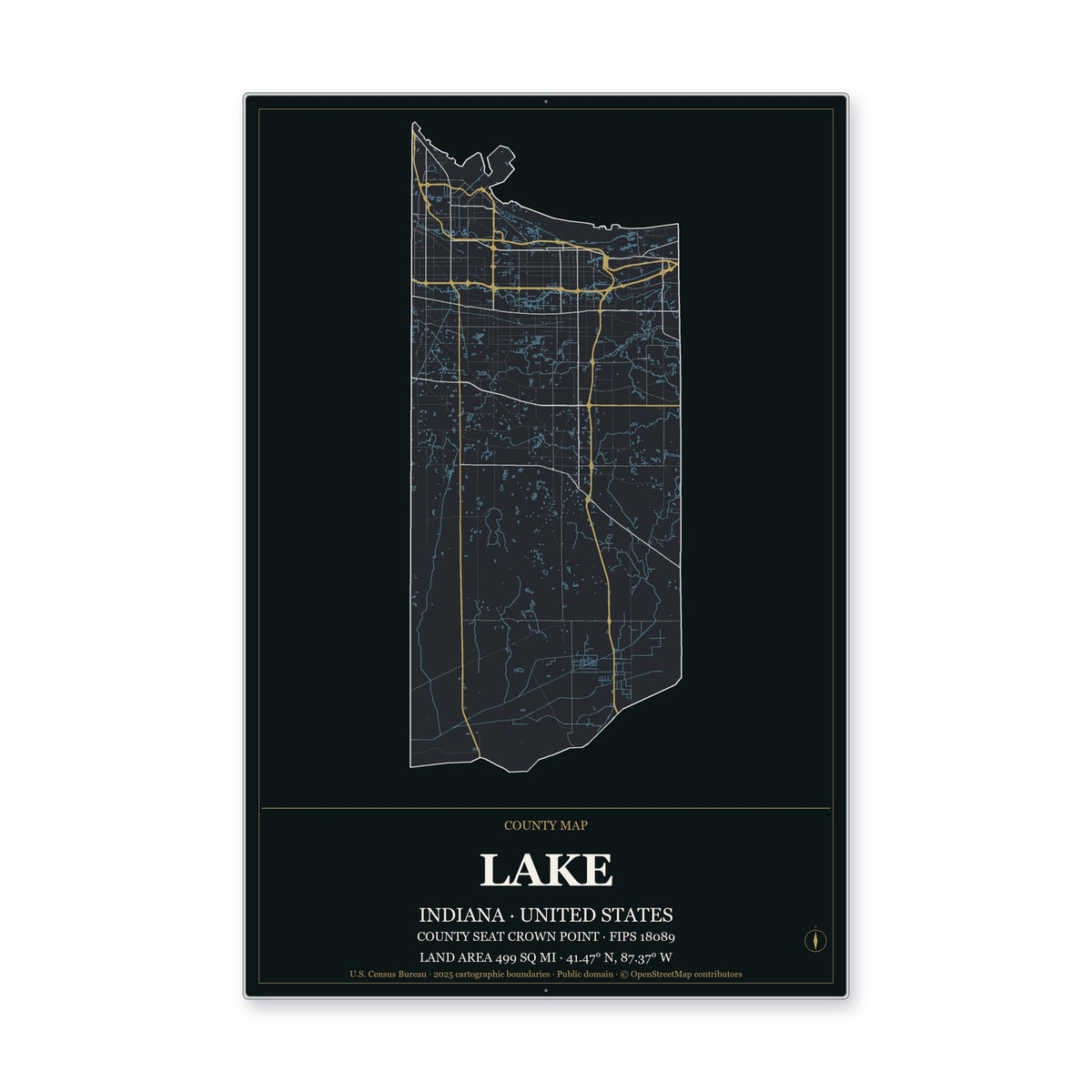Lake County, Indiana Map Aluminum Sign in Metropolitan Noir style