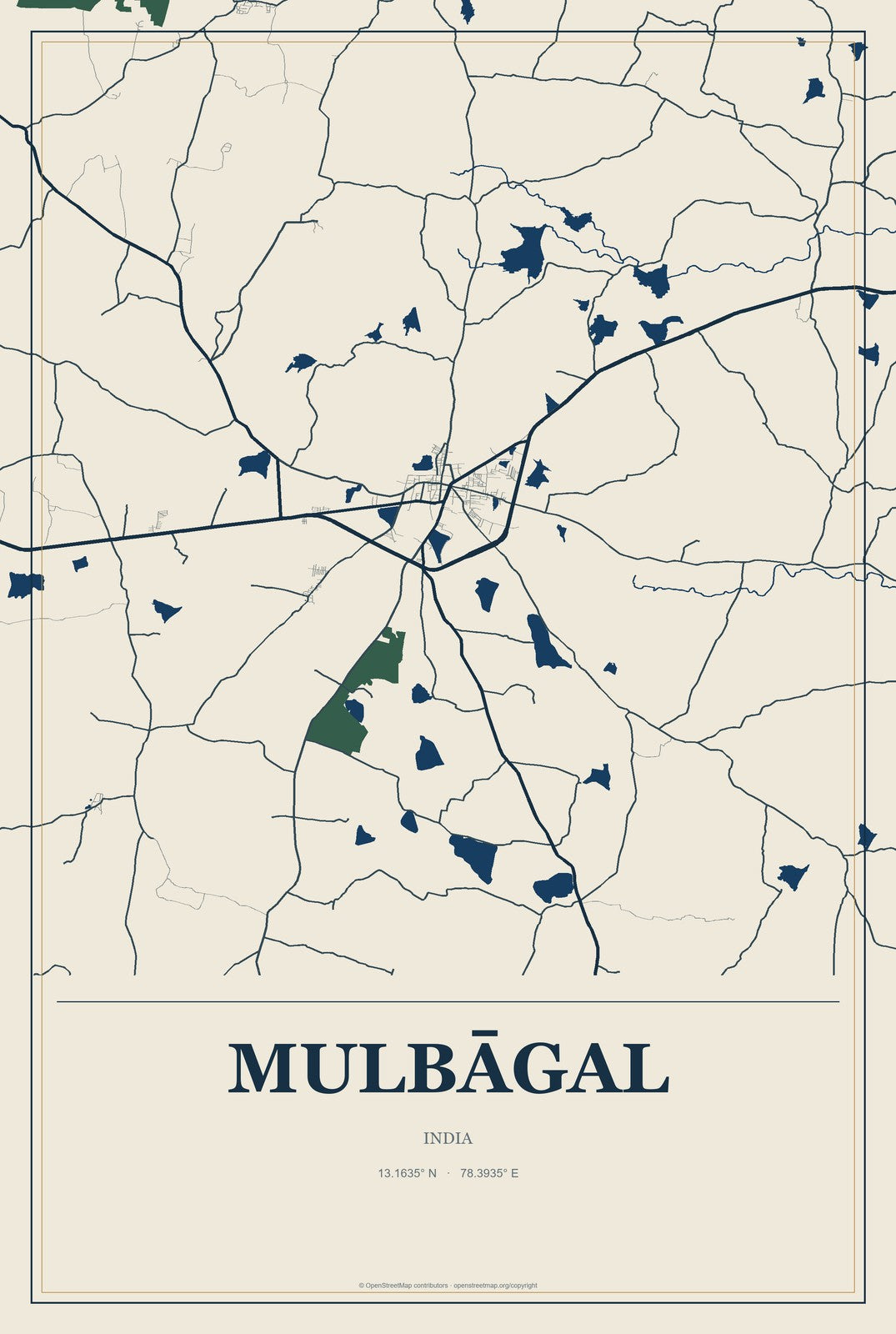 Mulbāgal, India City Map Aluminum Sign in Coastal Cutout style