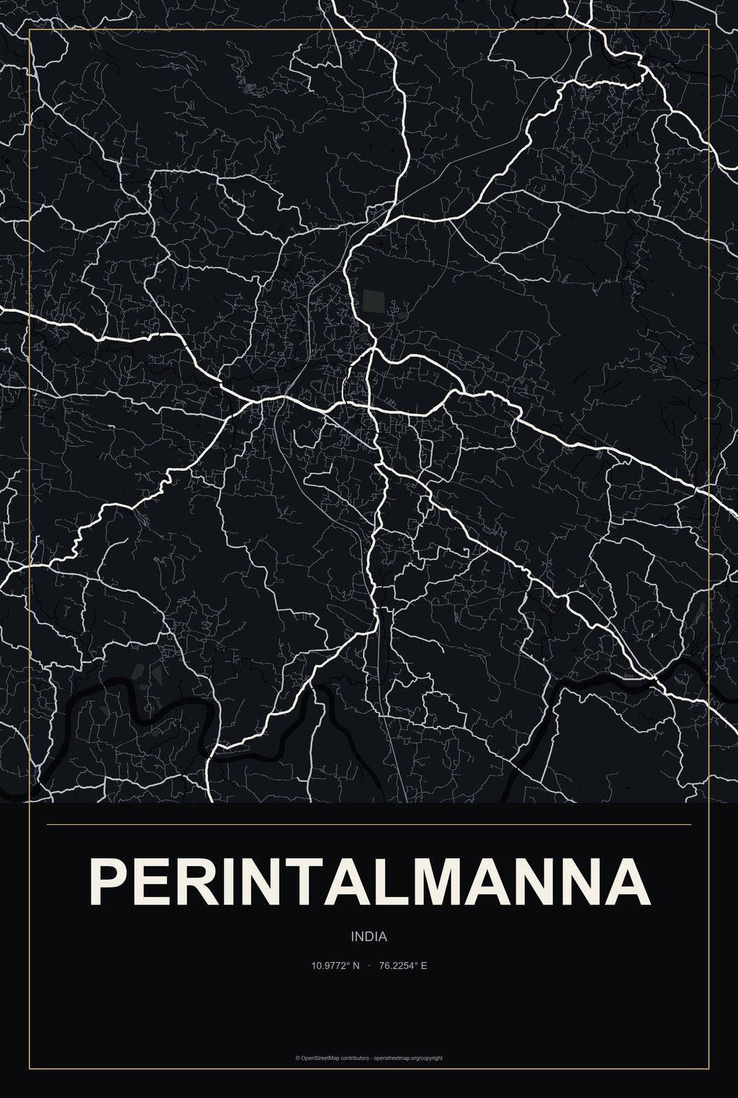 Perintalmanna, India City Map Aluminum Sign in Metropolitan Noir style