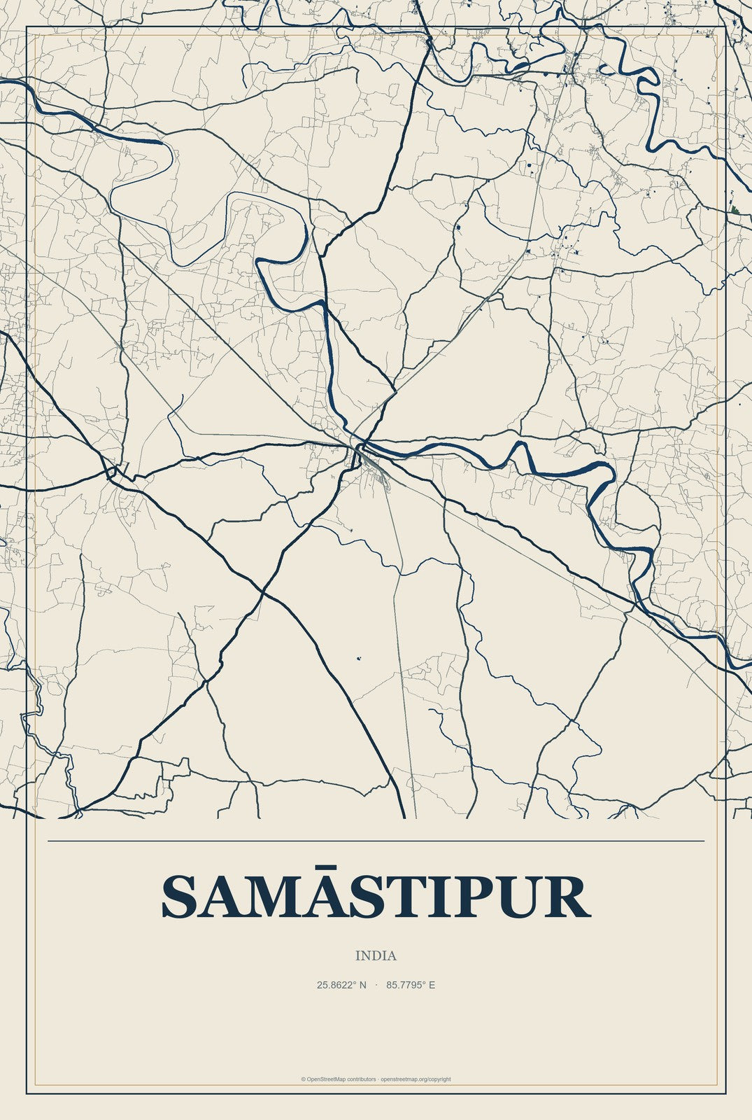 Samāstipur, India City Map Aluminum Sign in Coastal Cutout style