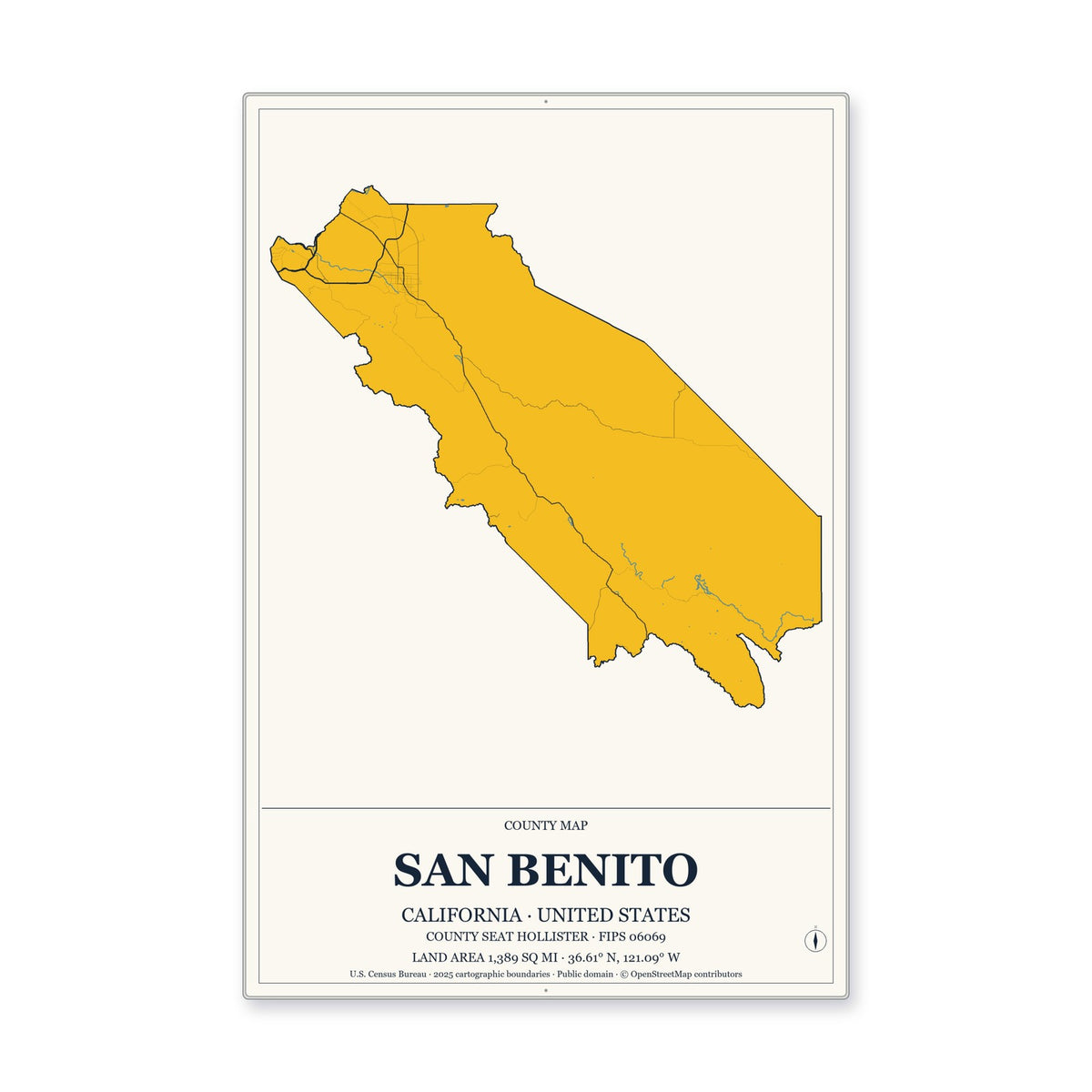 San Benito County, California Map Aluminum Sign in Citrine Modern style