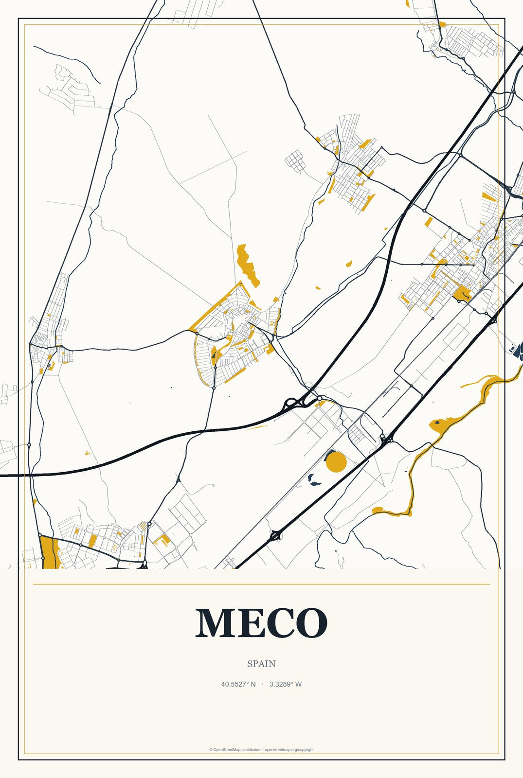 Meco, Spain City Map Aluminum Sign in Citrine Modern style