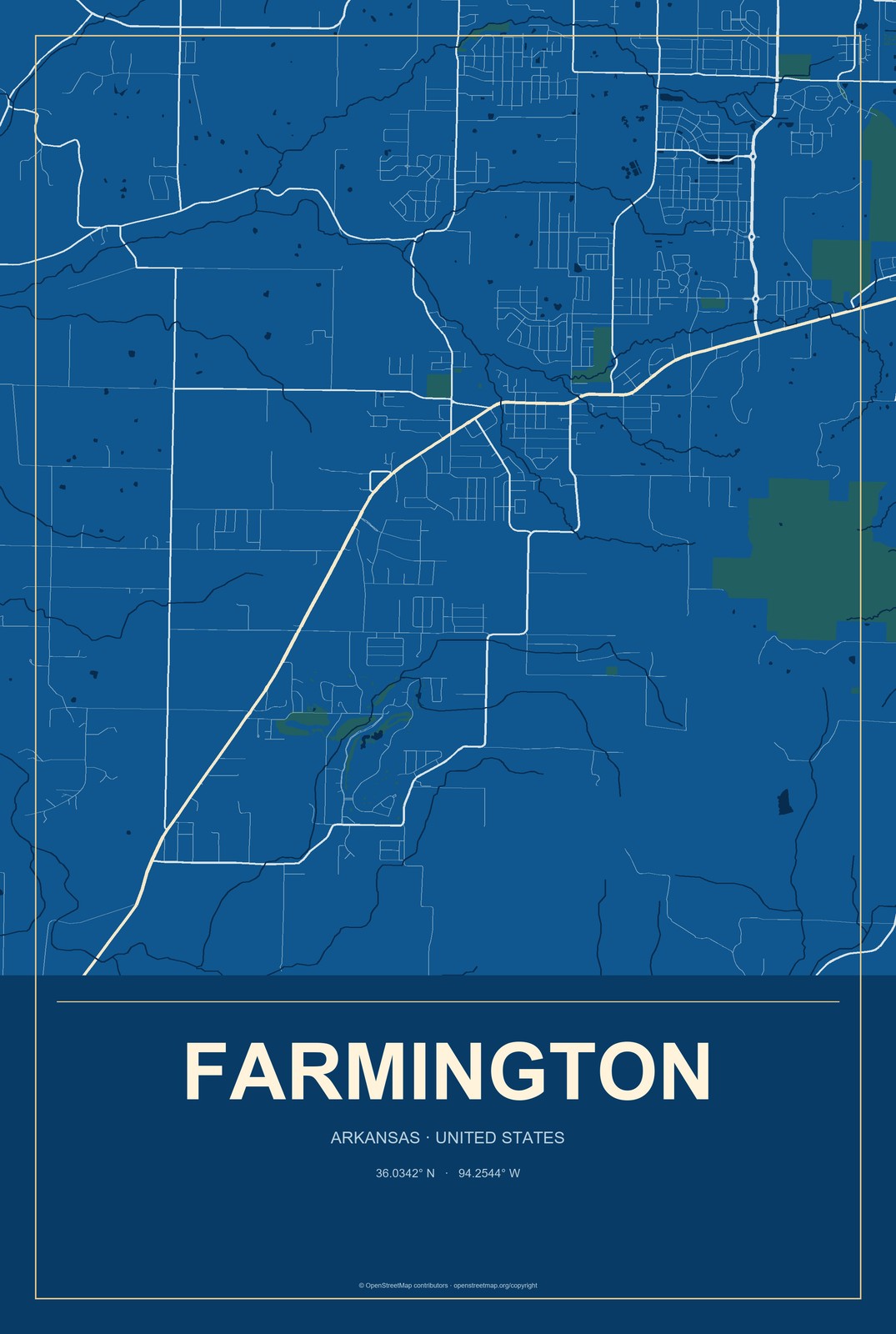 Farmington, Arkansas City Map Aluminum Sign in Harbor Cobalt style