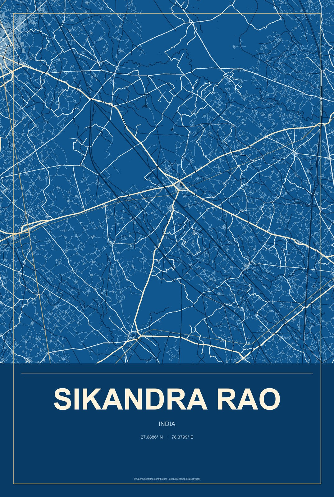 Sikandra Rao, India City Map Aluminum Sign in Harbor Cobalt style