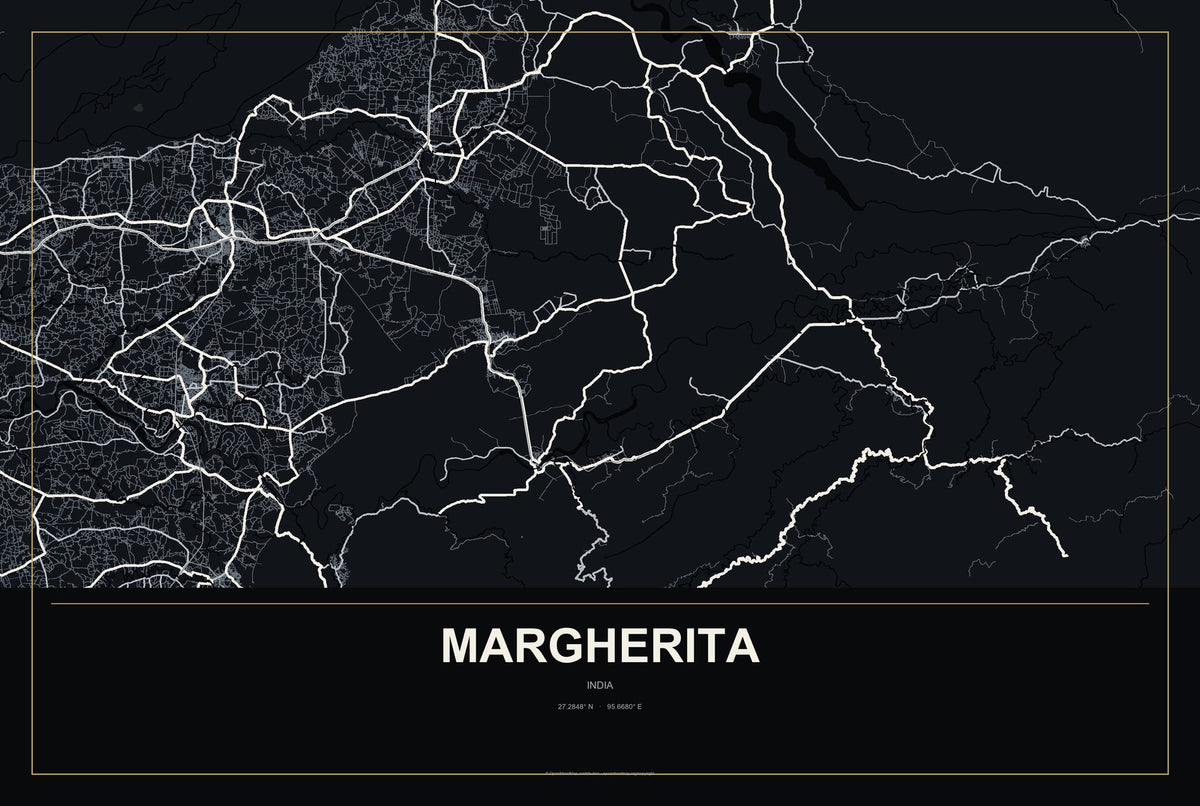 Margherita, India City Map Aluminum Sign in Metropolitan Noir style