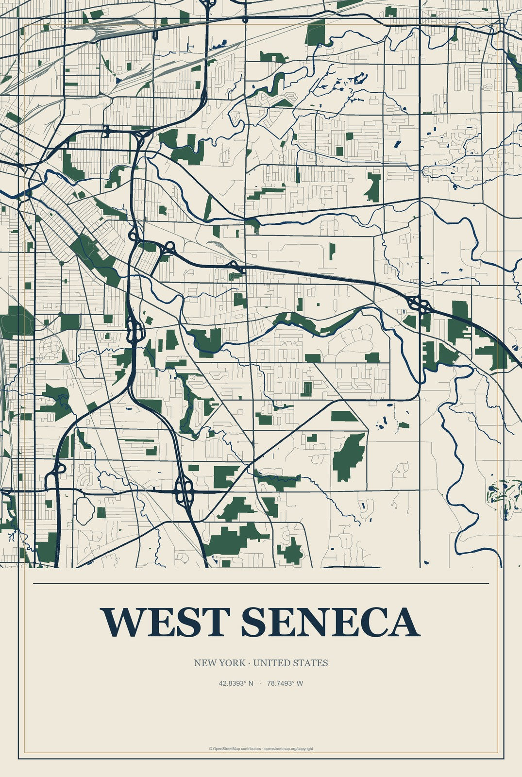 West Seneca, New York City Map Aluminum Sign in Coastal Cutout style