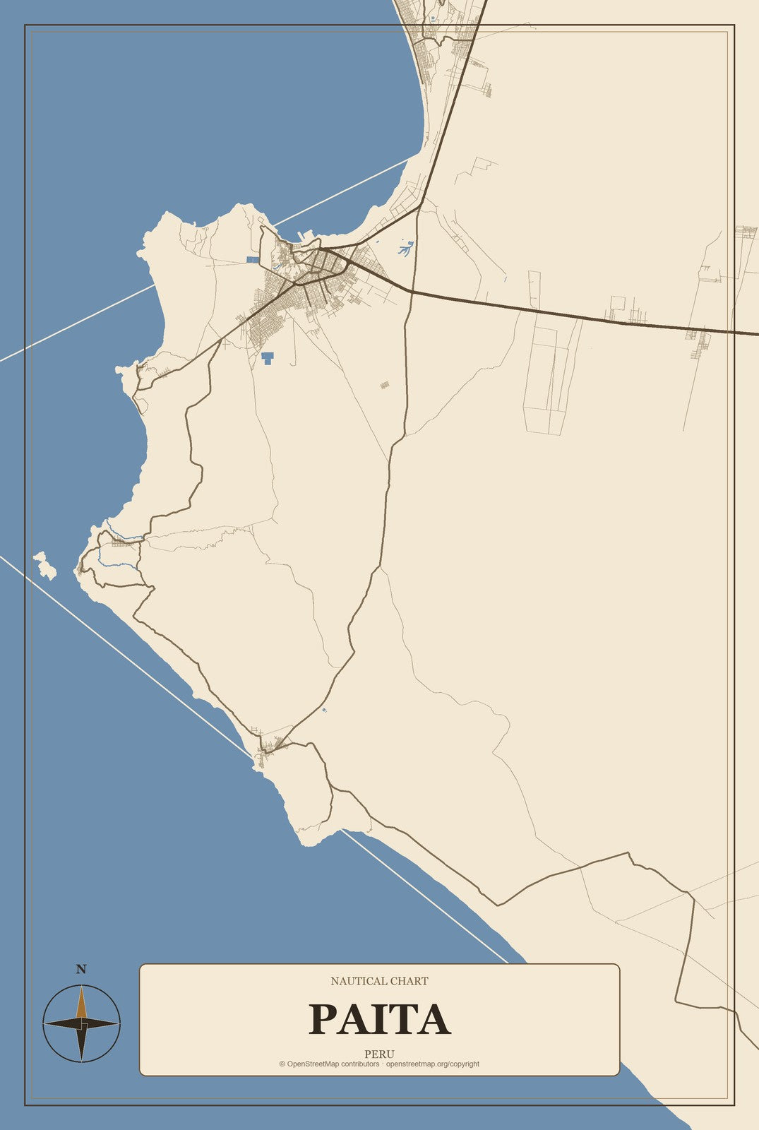 Paita, Peru City Map Aluminum Sign in Heritage Nautical style