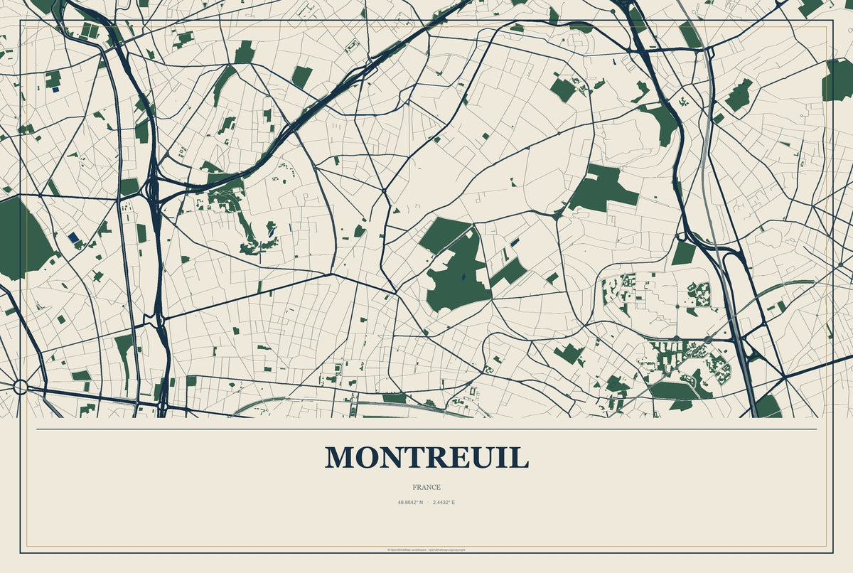 Montreuil, France City Map Aluminum Sign in Coastal Cutout style