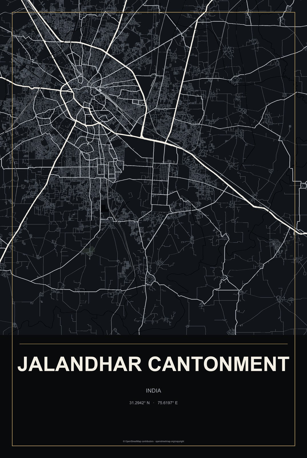 Jalandhar Cantonment, India City Map Aluminum Sign in Metropolitan Noir style