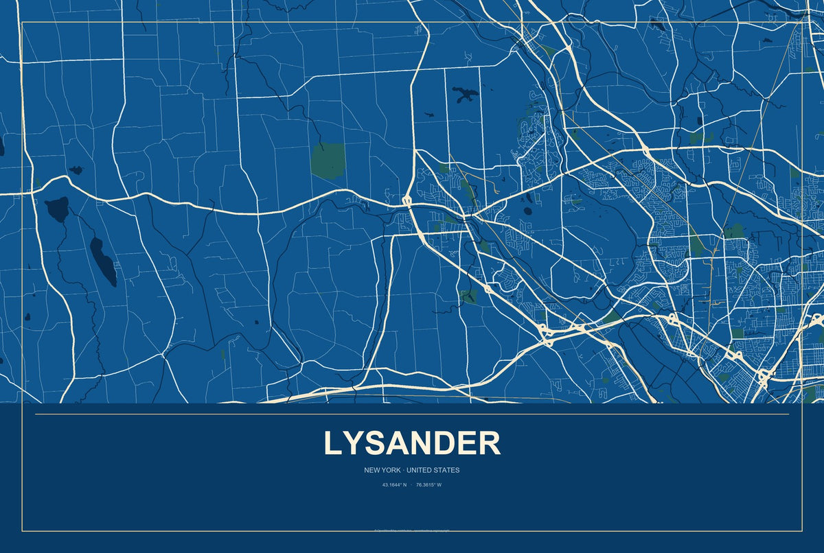 Lysander, New York City Map Aluminum Sign in Harbor Cobalt style