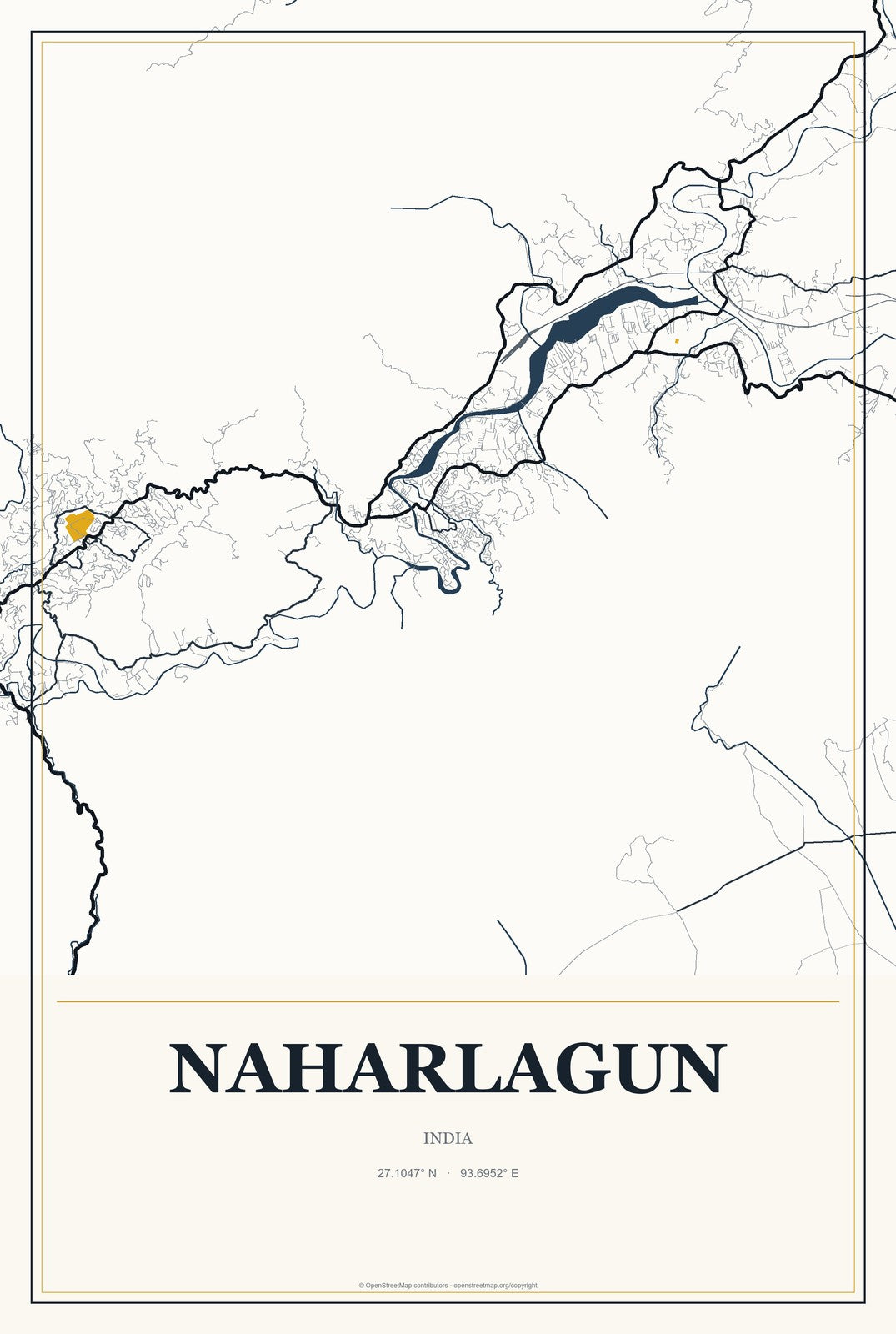 Naharlagun, India City Map Aluminum Sign in Citrine Modern style